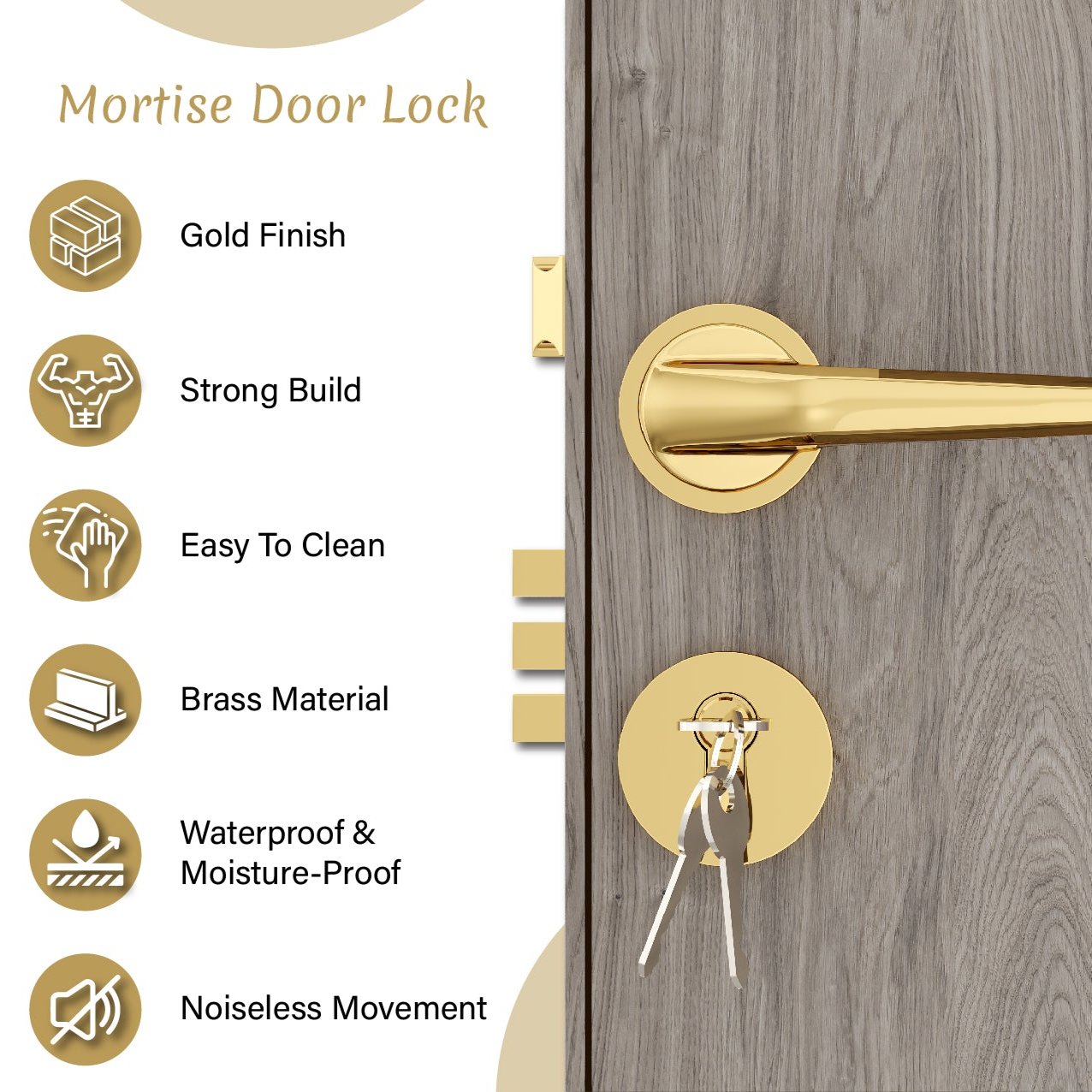 Mortise Door Handles Main Door Lock Handles Set with 3 Keys for Safety of Home | Bedroom, Office, Hotel, Home(Gold)-by GLOXY®