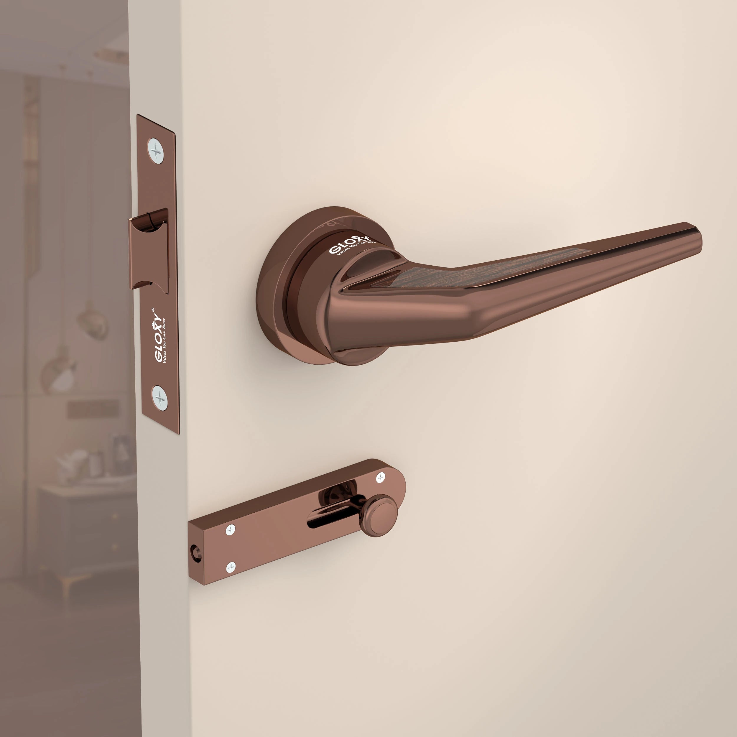 Gloxy Navior Series Rose Gold Finish Mortise Bathroom Door Latch Lock With Handle