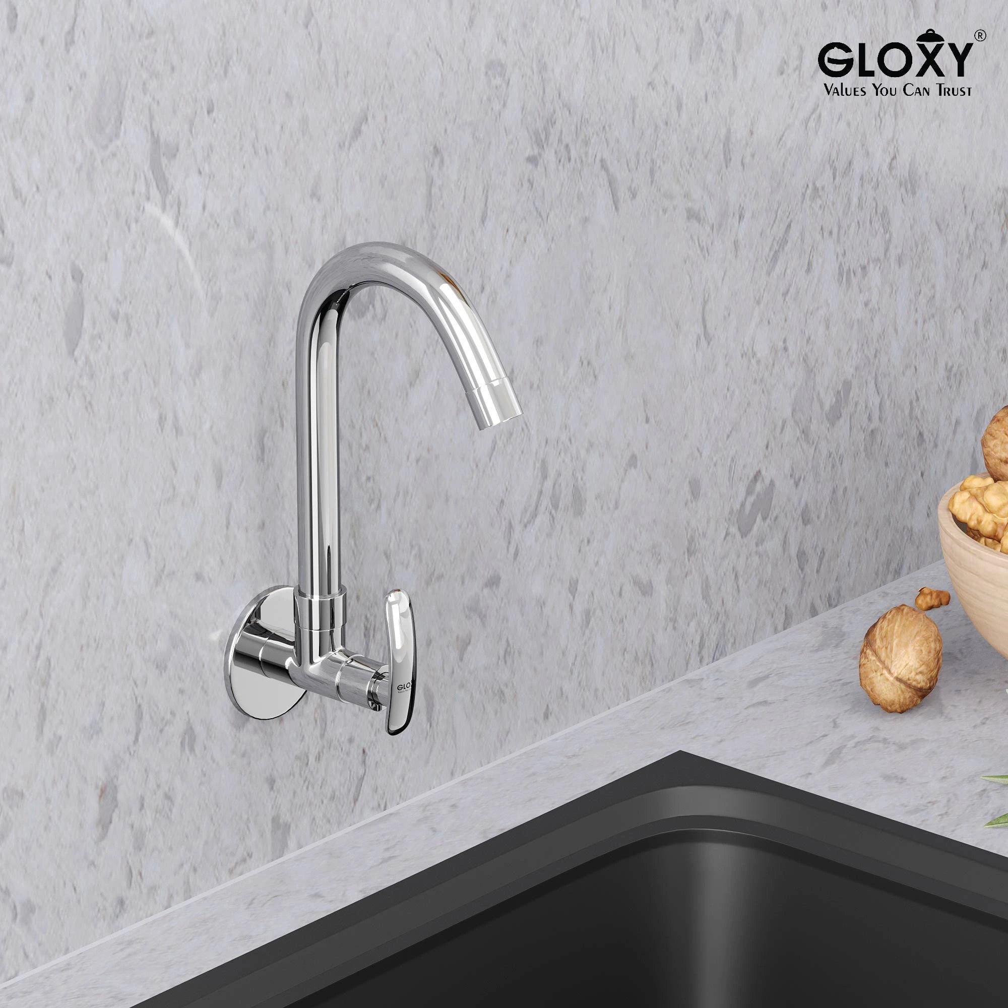 Chrome Finish Wall Mount Brass Swan Neck 360 Degree Swivel Pillar Tap Cock Faucet for Kitchen Sinks and Bathroom (Riva)-by GLOXY®