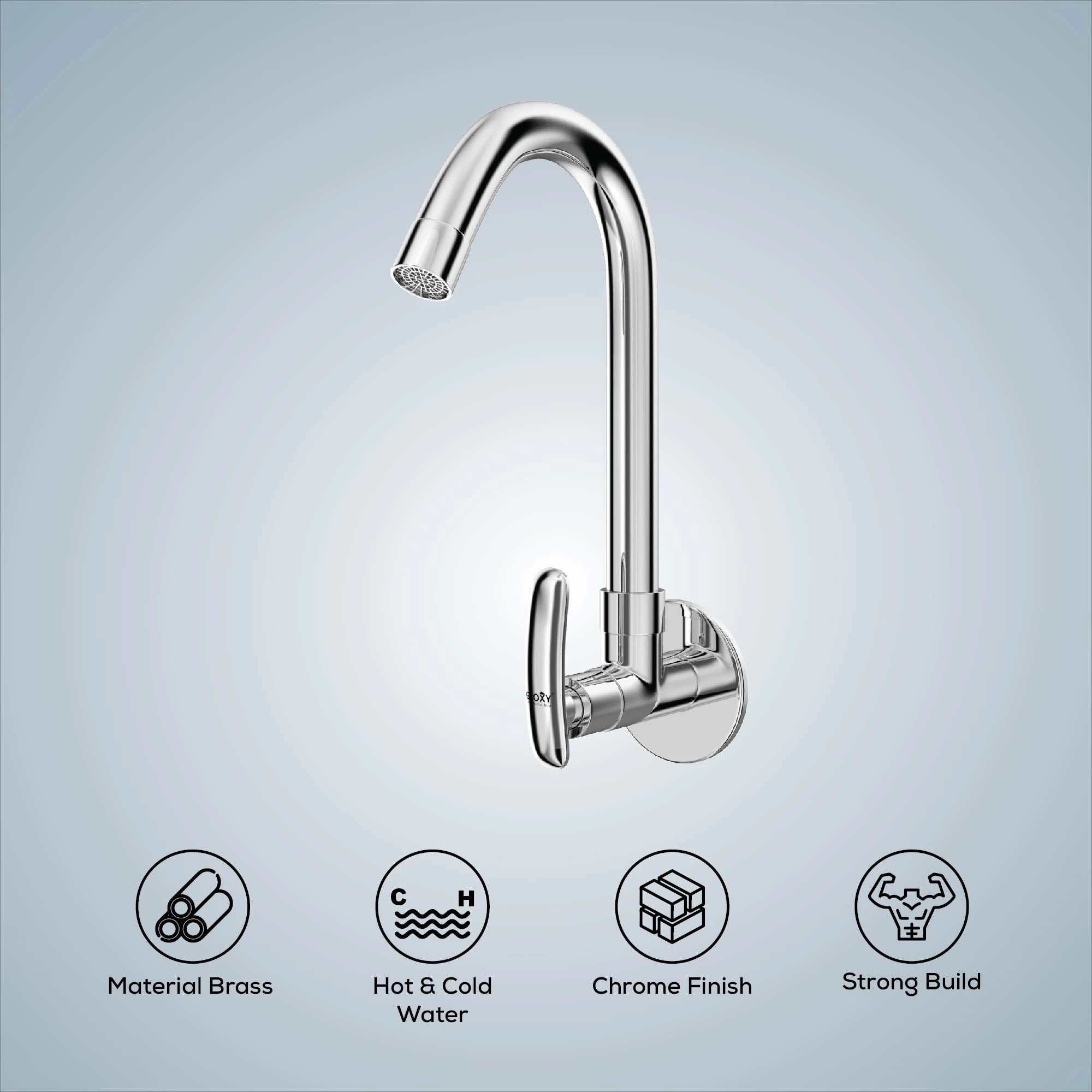 Chrome Finish Wall Mount Brass Swan Neck 360 Degree Swivel Pillar Tap Cock Faucet for Kitchen Sinks and Bathroom (Riva)-by GLOXY®
