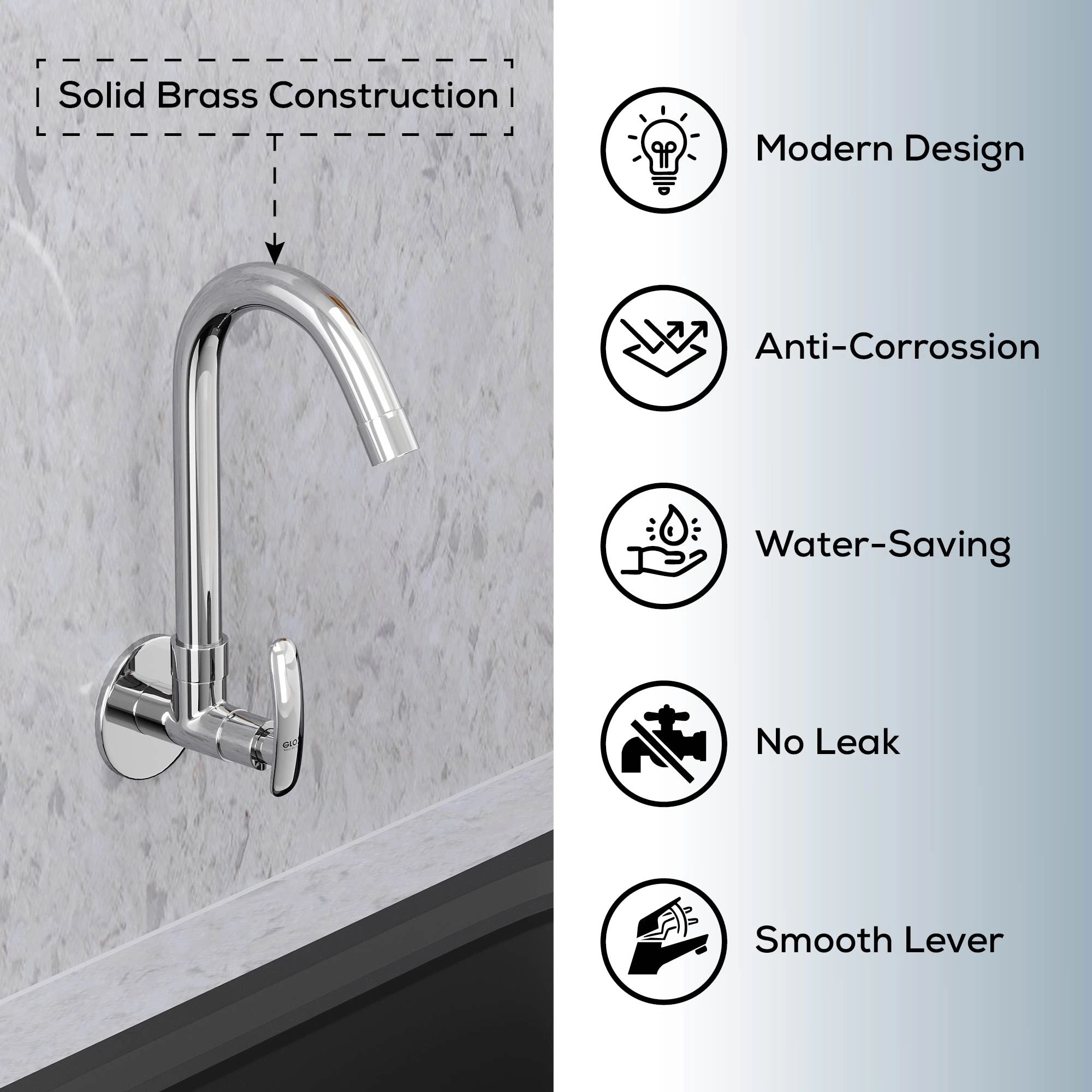 Chrome Finish Wall Mount Brass Swan Neck 360 Degree Swivel Pillar Tap Cock Faucet for Kitchen Sinks and Bathroom (Riva)-by GLOXY®