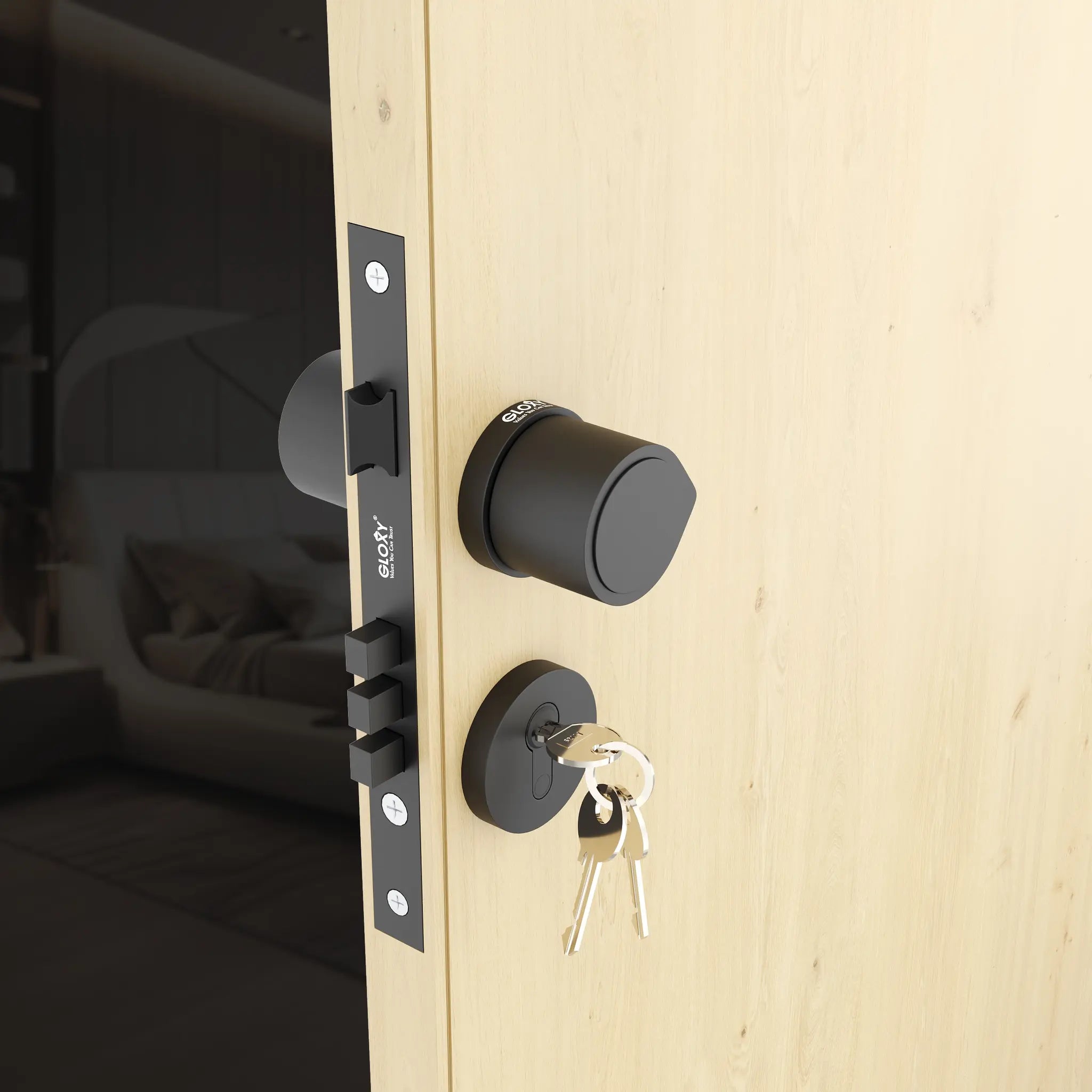 Gloxy Zayno Series Black Finish Mortise Main Door key Lock With Round Handle