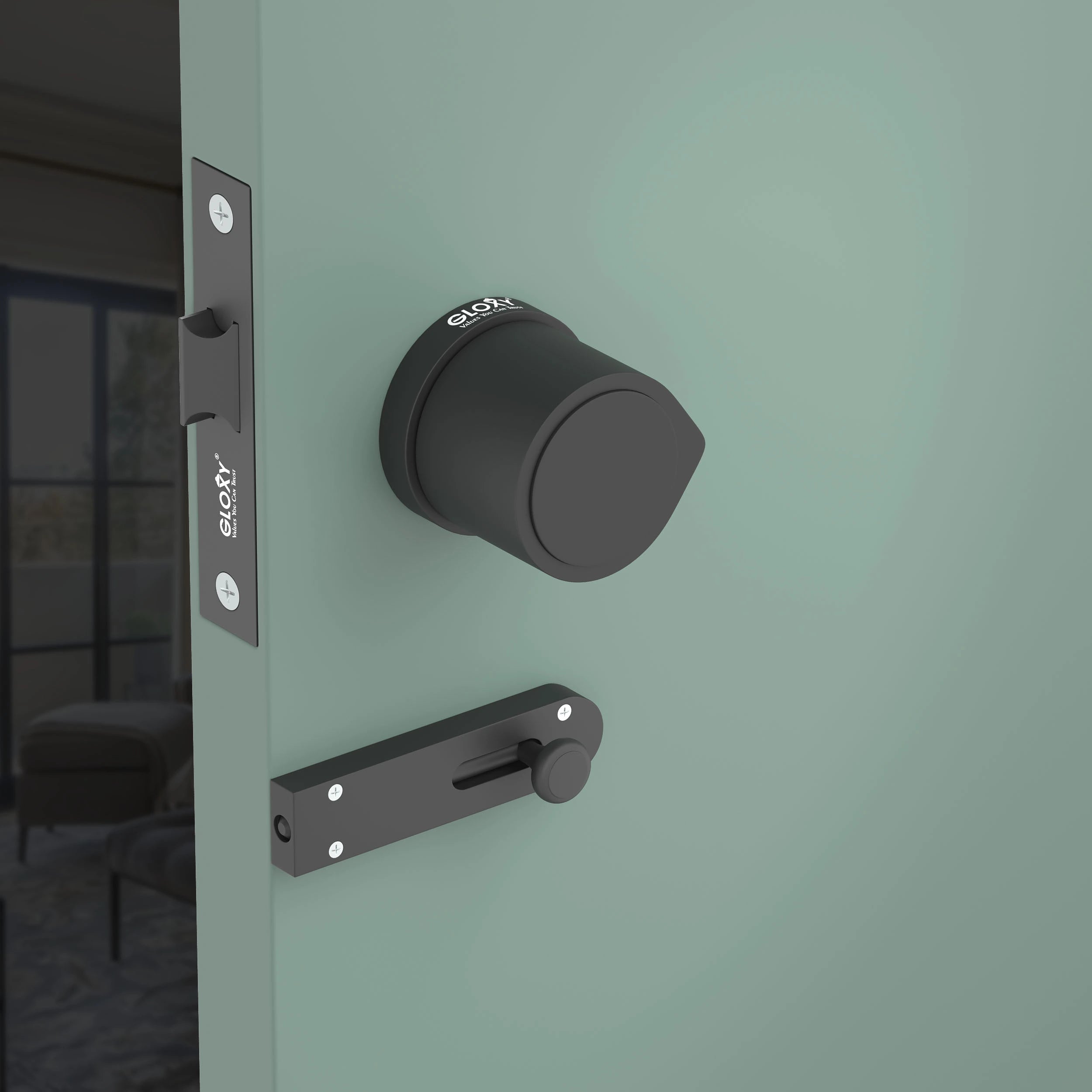 Gloxy Zayno Series Black Finish Mortise Bathroom Door Latch Lock With Round Handle