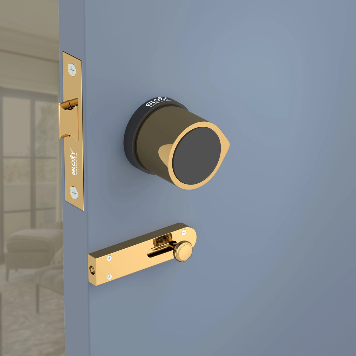 GLOXY Brass Door Lock for Balcony Store Room Door Lock, Mortise Keyless Handle Set with Brass Baby Latch for Home,Office,Hotel | Gold & Black Finish (2 Years Warranty, Pack of 1)