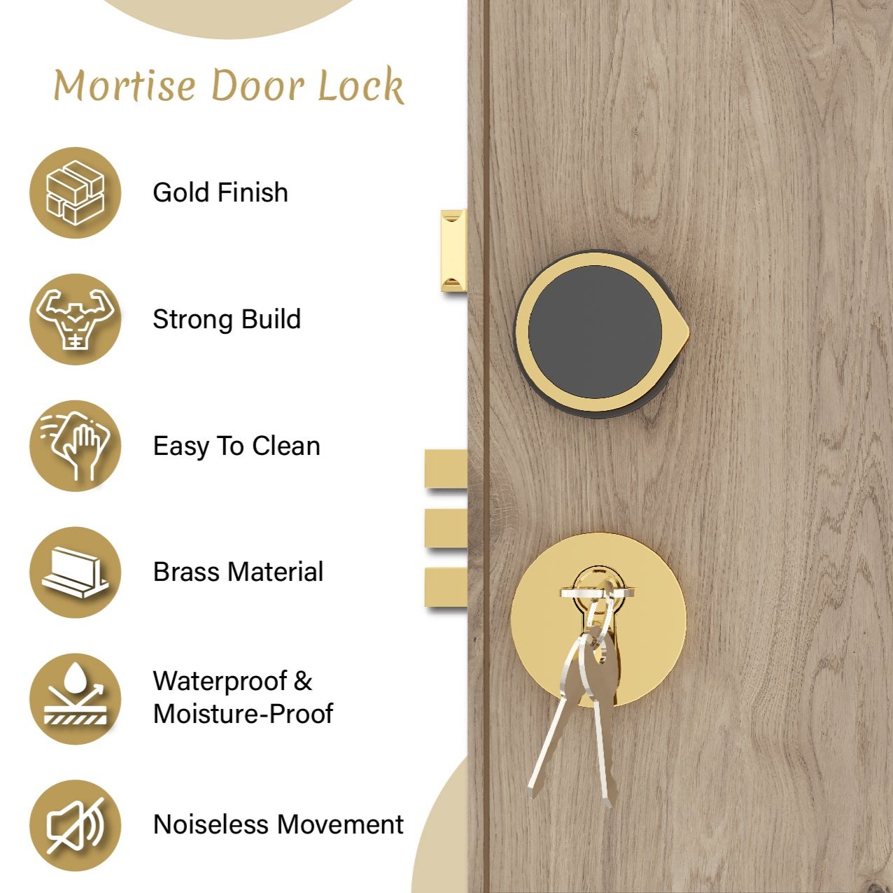 Mortise Door Handles Main Door Lock Handles Set with 3 Keys for Safety of Home | Bedroom, Office, Hotel, Home(Gold)-by GLOXY®