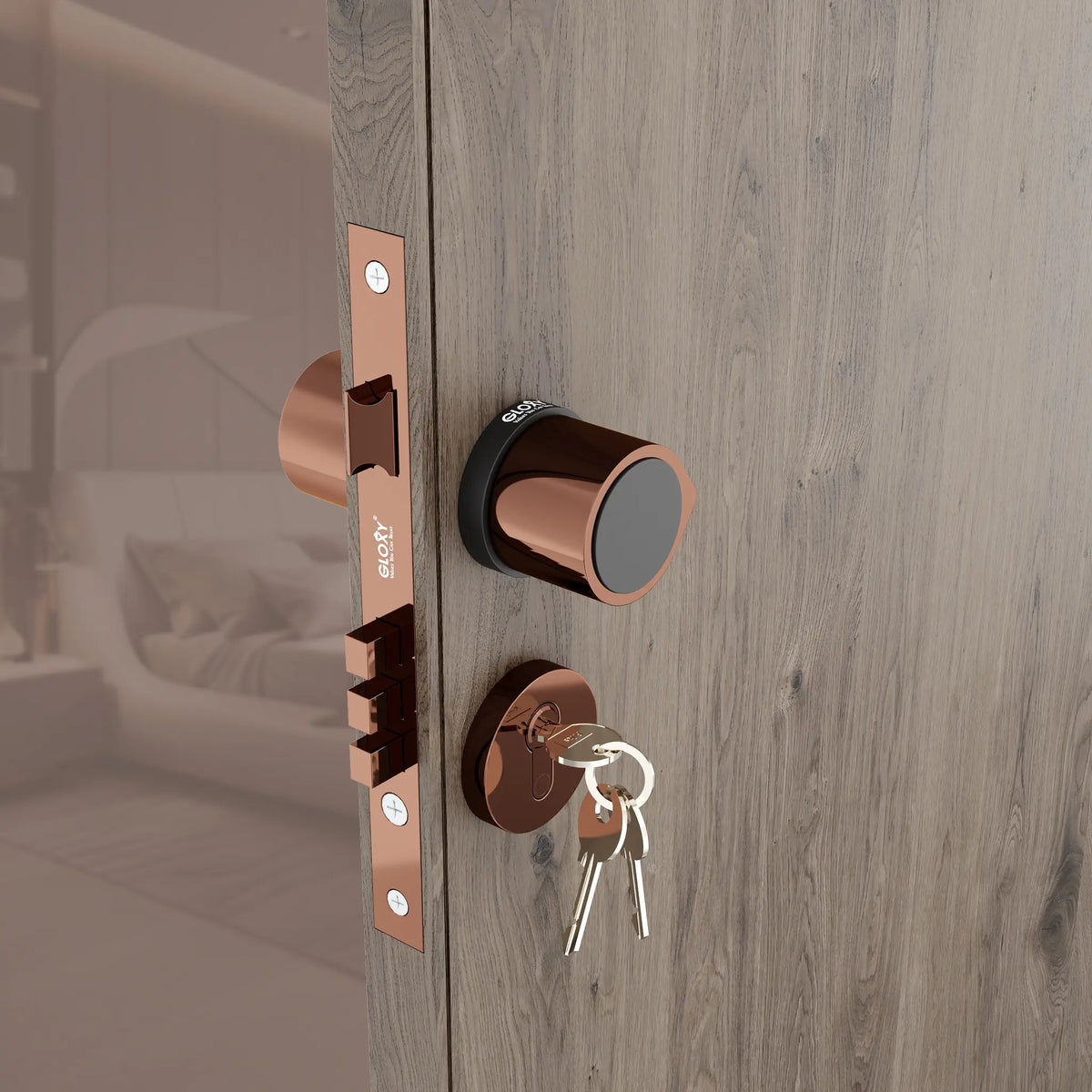 Mortise Door Handles Main Door Lock Handles Set with 3 Keys for Safety of Home | Bedroom, Office, Hotel, Home(Rose Gold)-by GLOXY®