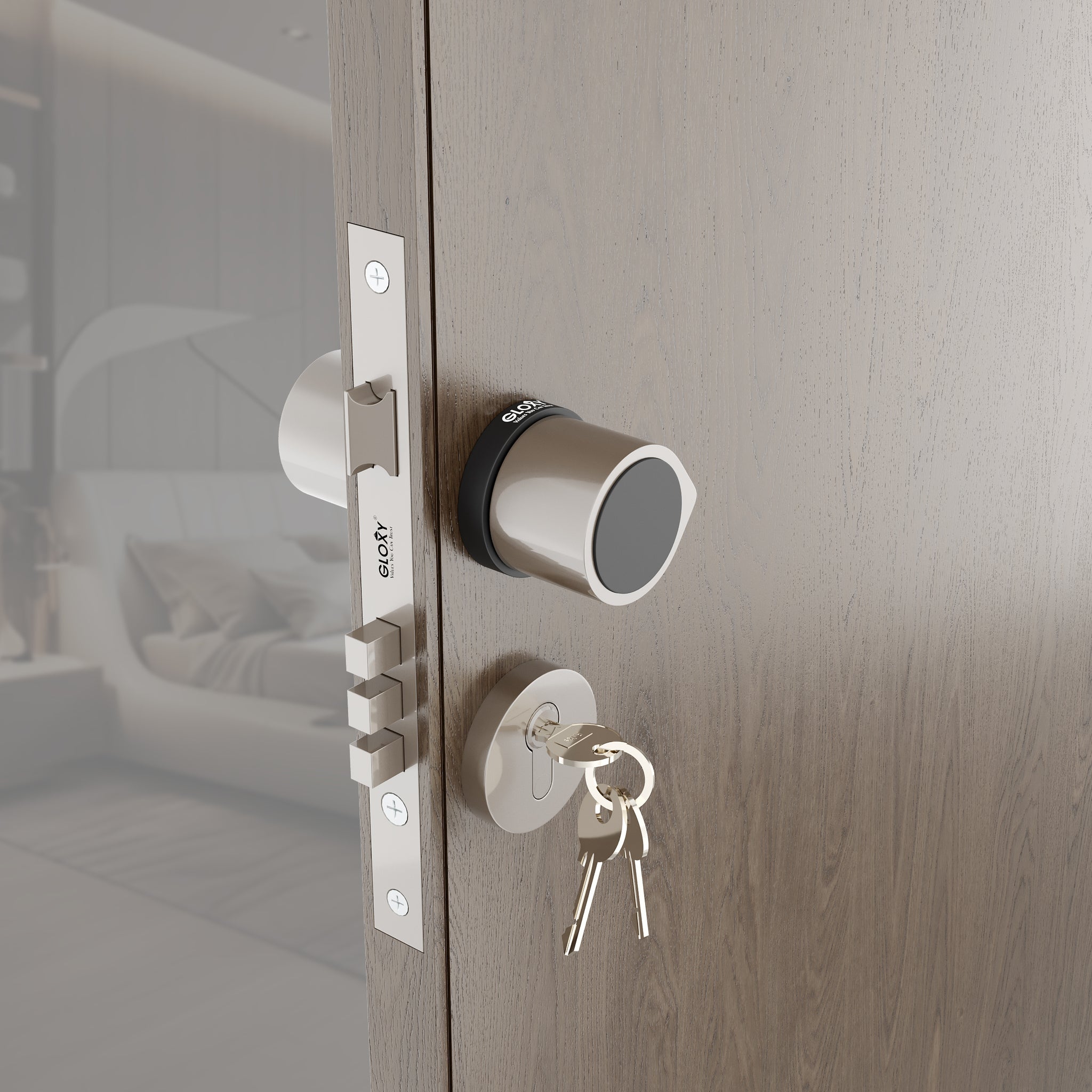 Gloxy Zayno Series Satin Chrome Finish Mortise Main Door key Lock With Round Handle