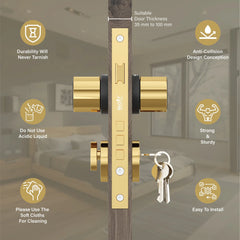 Mortise Door Handles Main Door Lock Handles Set with 3 Keys for Safety of Home | Bedroom, Office, Hotel, Home(Gold)-by GLOXY®