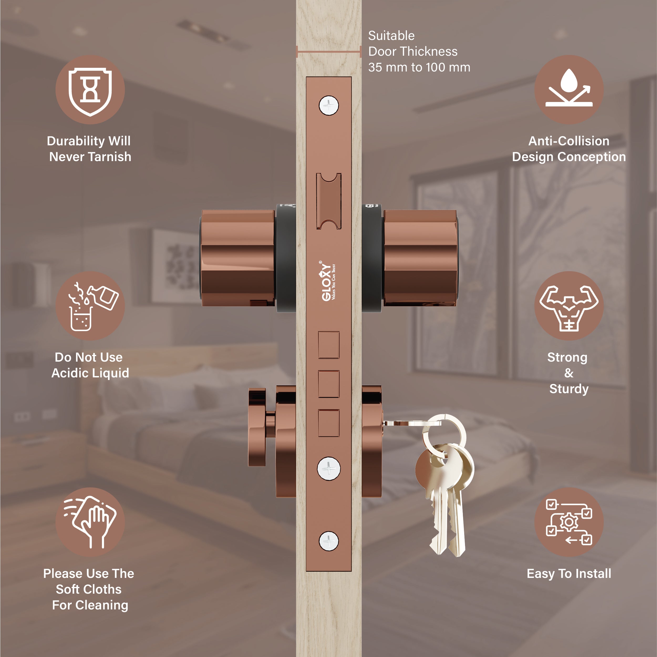 Mortise Door Handles Main Door Lock Handles Set with 3 Keys for Safety of Home | Bedroom, Office, Hotel, Home(Rose Gold)-by GLOXY®