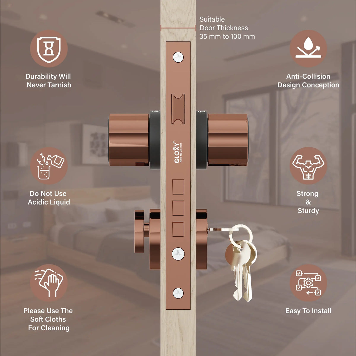 Rose Key Lock Round Rose Gold Colour Mortise Door Lock Set with 3 Keys- Gloxy
