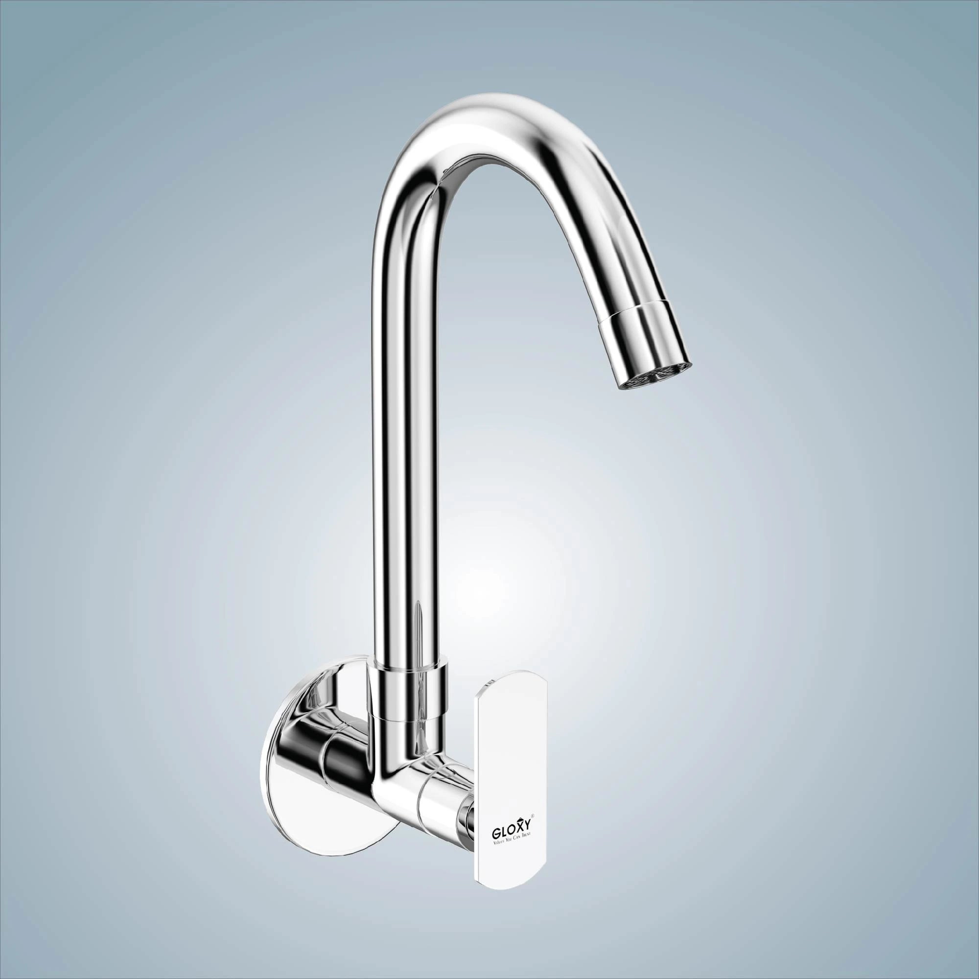 Chrome Finish Swivel Spout Wall Mount Swan Long Neck Faucet Tap Cock for Kitchen, Sink, Wash Basin (Jet+)-by GLOXY®