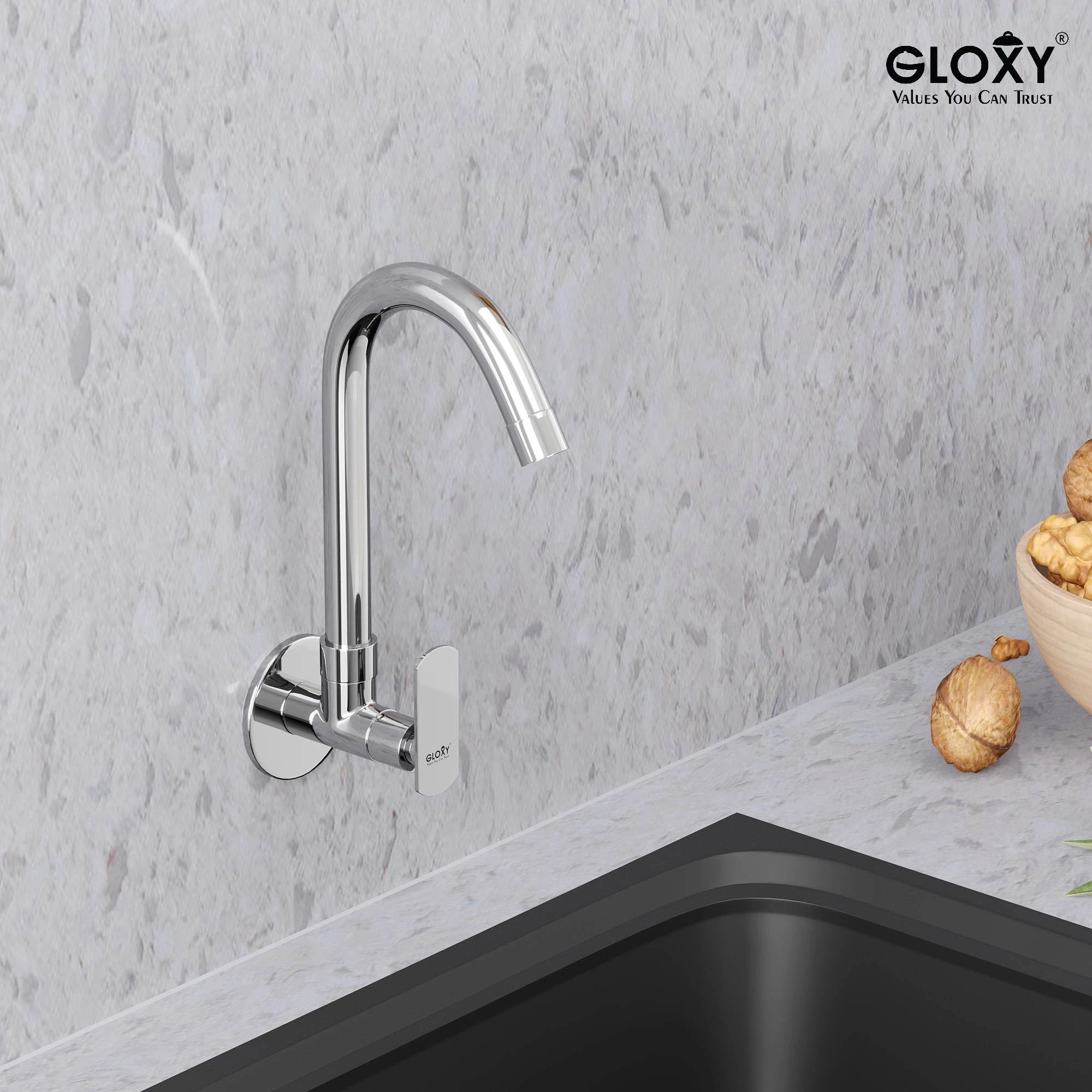 Chrome Finish Swivel Spout Wall Mount Swan Long Neck Faucet Tap Cock for Kitchen, Sink, Wash Basin (Jet+)-by GLOXY®