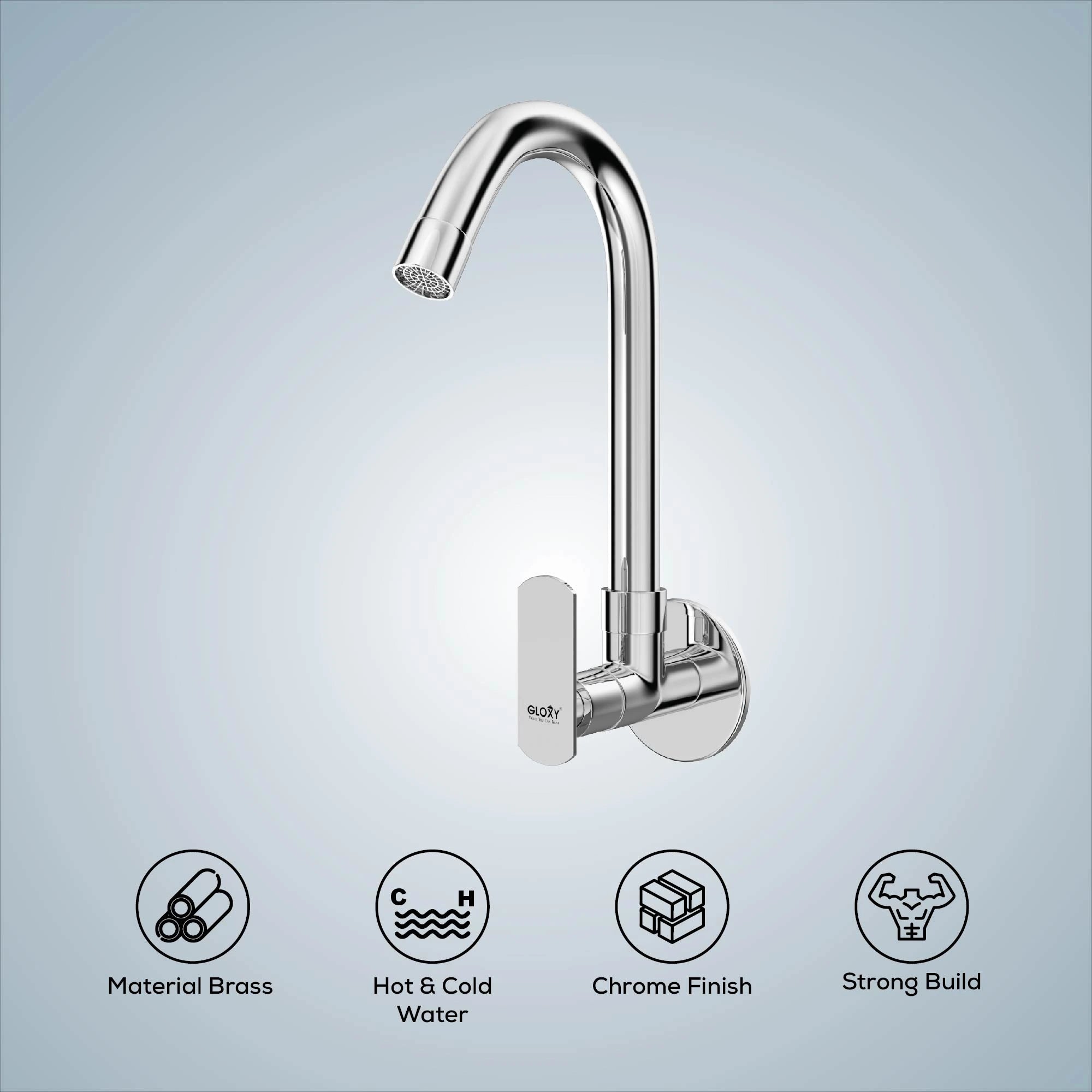 Chrome Finish Swivel Spout Wall Mount Swan Long Neck Faucet Tap Cock for Kitchen, Sink, Wash Basin (Jet+)-by GLOXY®