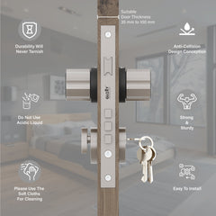 Mortise Door Handles Main Door Lock Handles Set with 3 Keys for Safety of Home | Bedroom, Office, Hotel, Home(Satin Chrome)-by GLOXY®