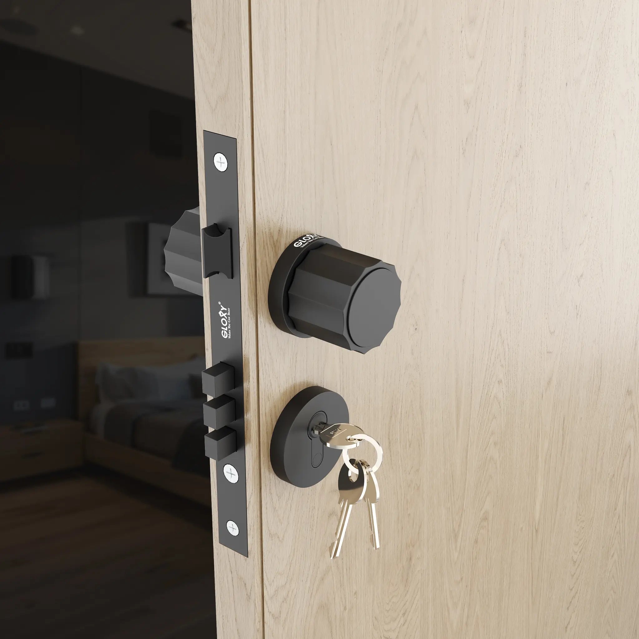Gloxy Monik Series Black Finish Mortise Main Door key Lock With Round Handle