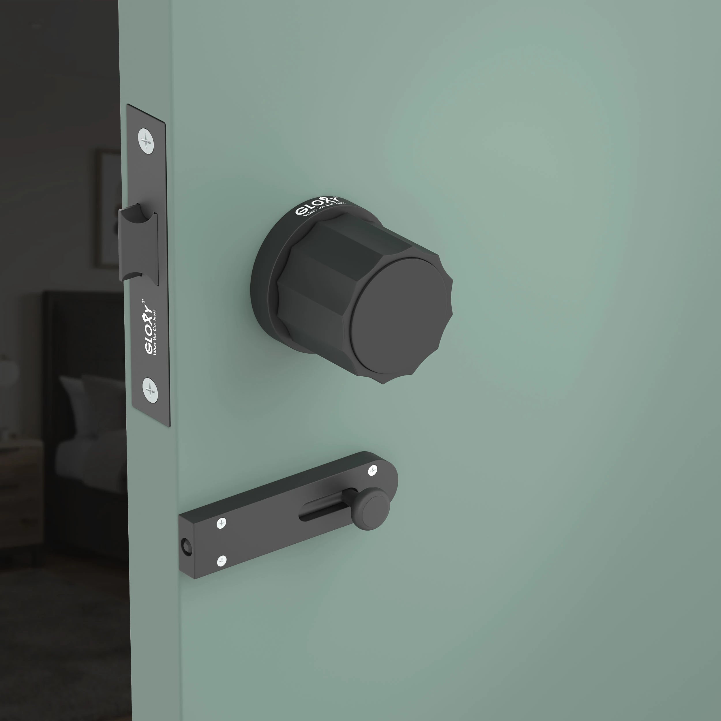 Gloxy Monik Series Black Finish Mortise Bathroom Door Latch Lock With Round Handle