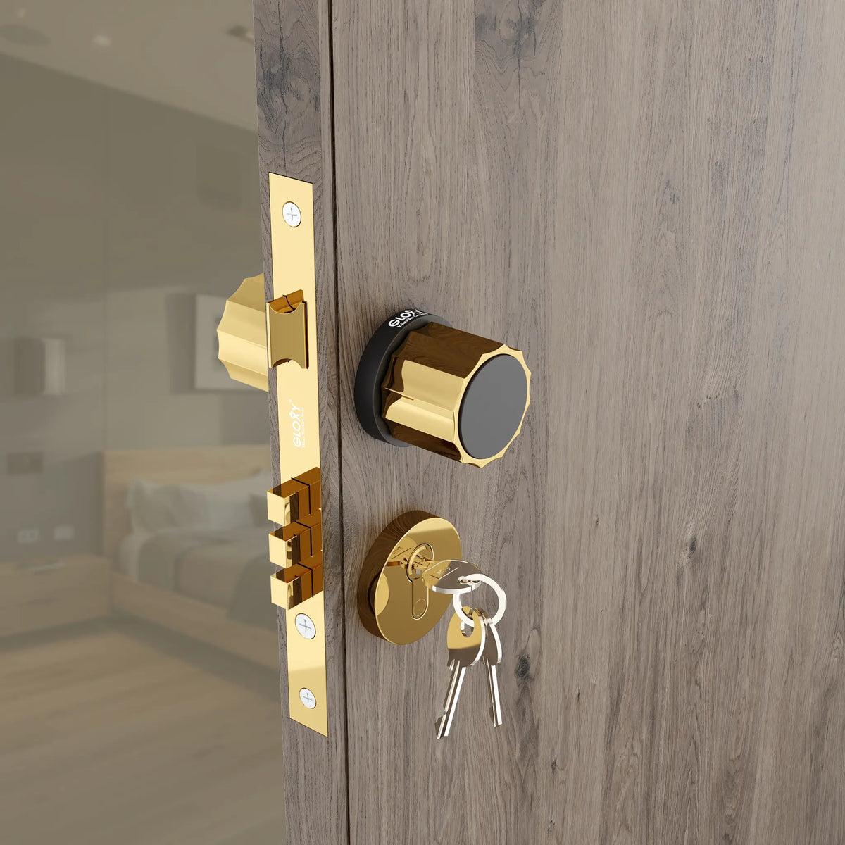 Mortise Door Handles Main Door Lock Handles Set with 3 Keys for Safety of Home | Bedroom, Office, Hotel, Home(Gold)-by GLOXY®