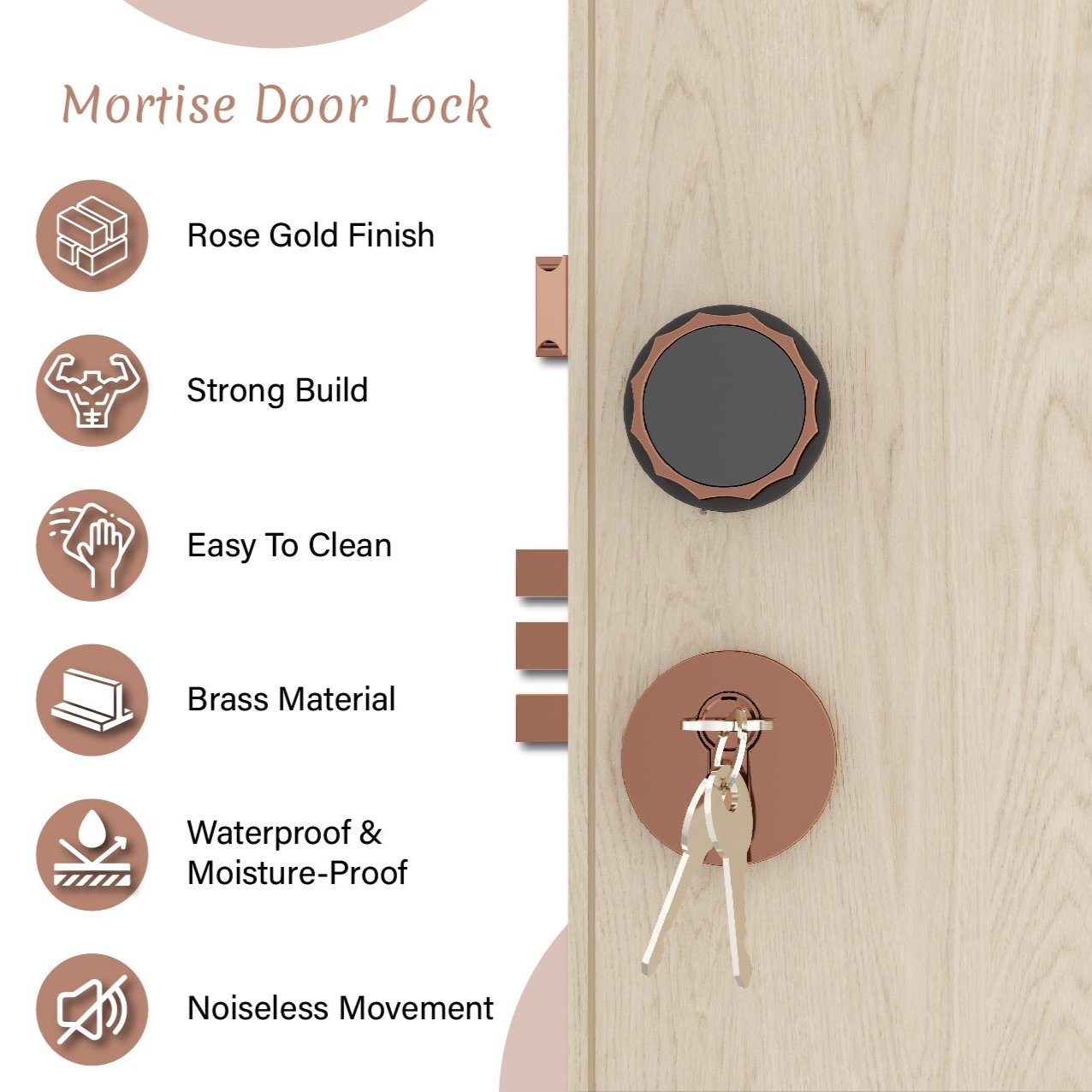 Mortise Door Handles Main Door Lock Handles Set with 3 Keys for Safety of Home | Bedroom, Office, Hotel, Home(Rose Gold)-by GLOXY®