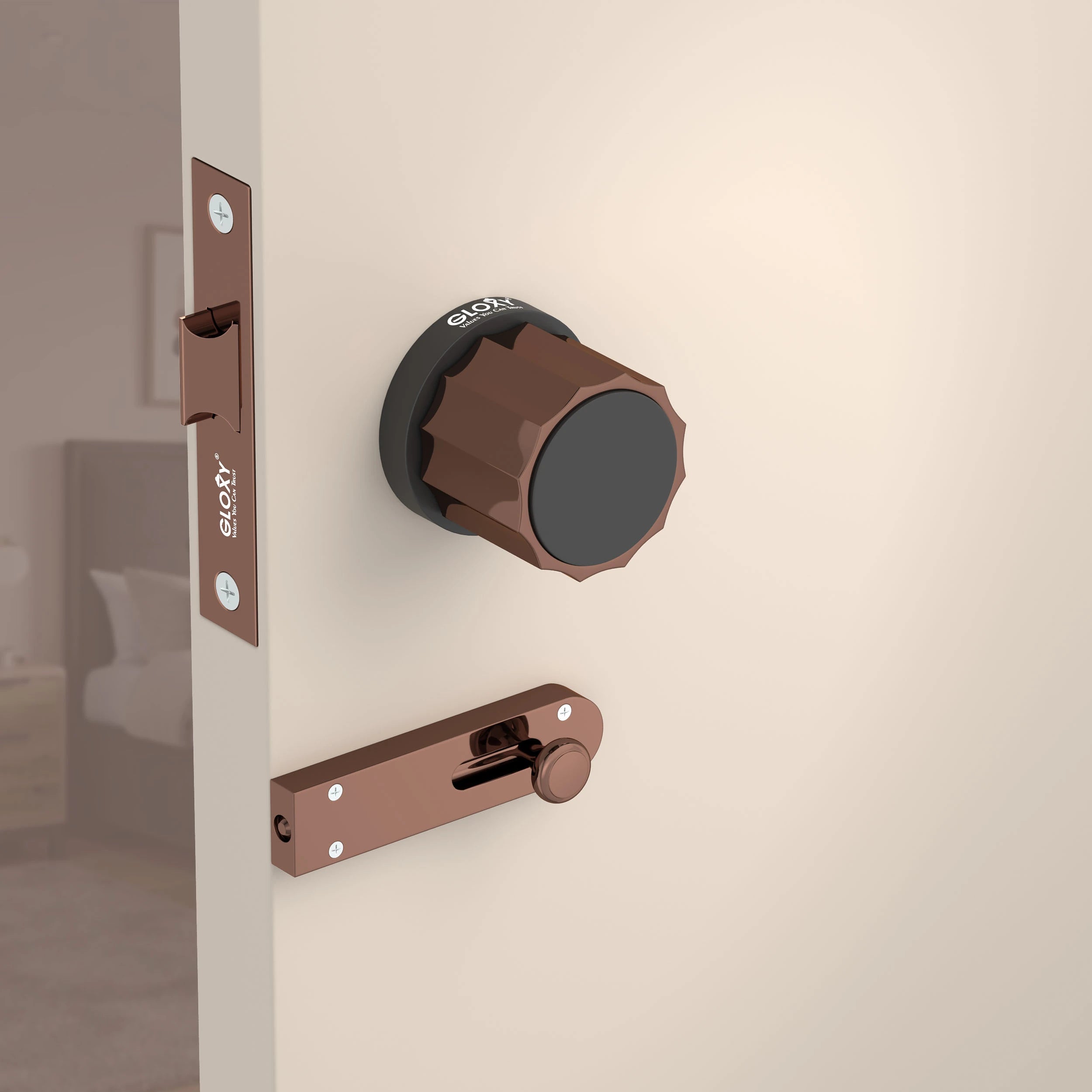 Gloxy Monik Series Rose Gold Finish Mortise Bathroom Door Latch Lock With Round Handle