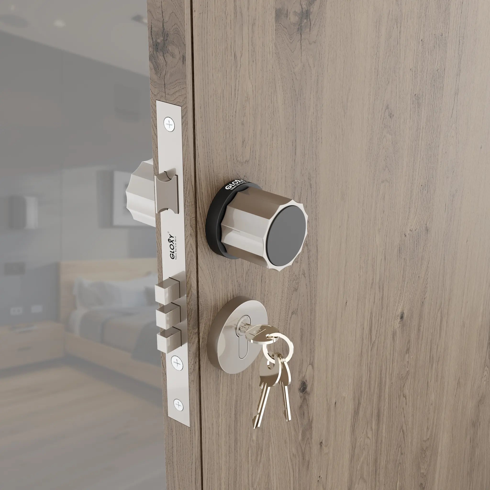 Gloxy Monik Series Satin Chrome Finish Mortise Main Door key Lock With Round Handle