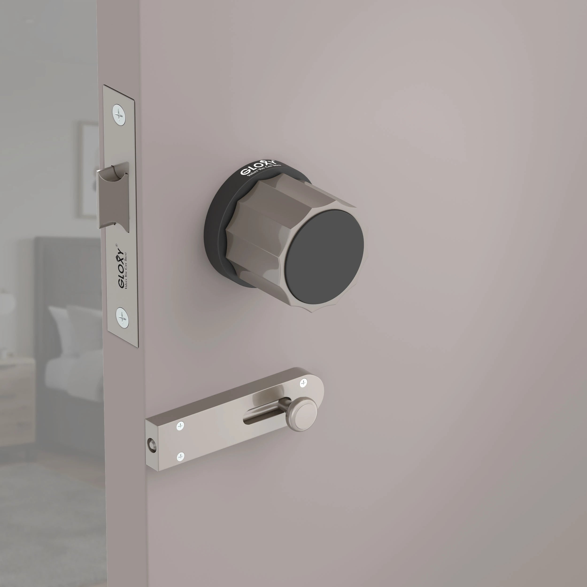 Gloxy Monik Series Satin Chrome Finish Mortise Bathroom Door Latch Lock With Round Handle