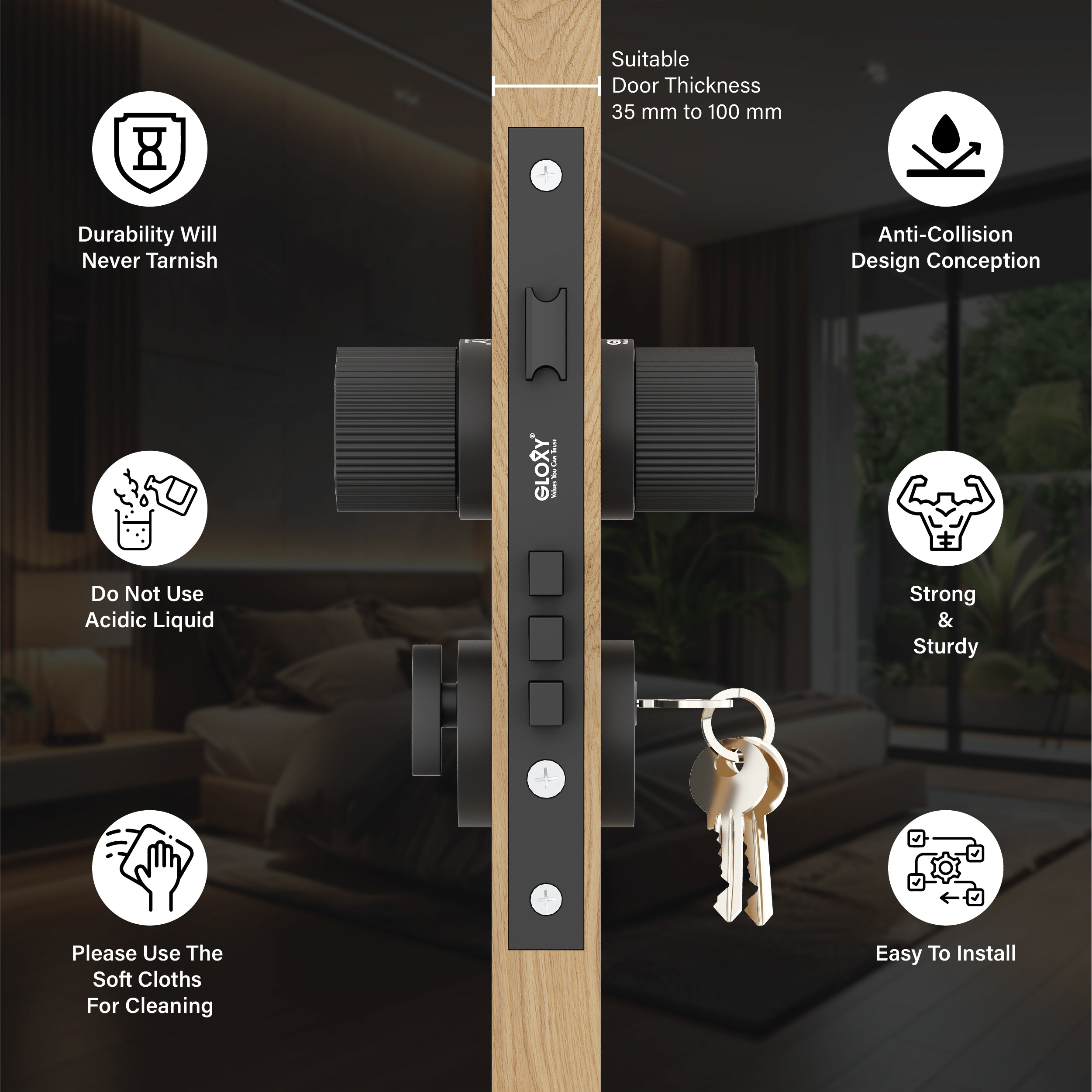 Mortise Door Handles Main Door Lock Handles Set with 3 Keys for Safety of Home | Bedroom, Office, Hotel, Home(Black)-by GLOXY®