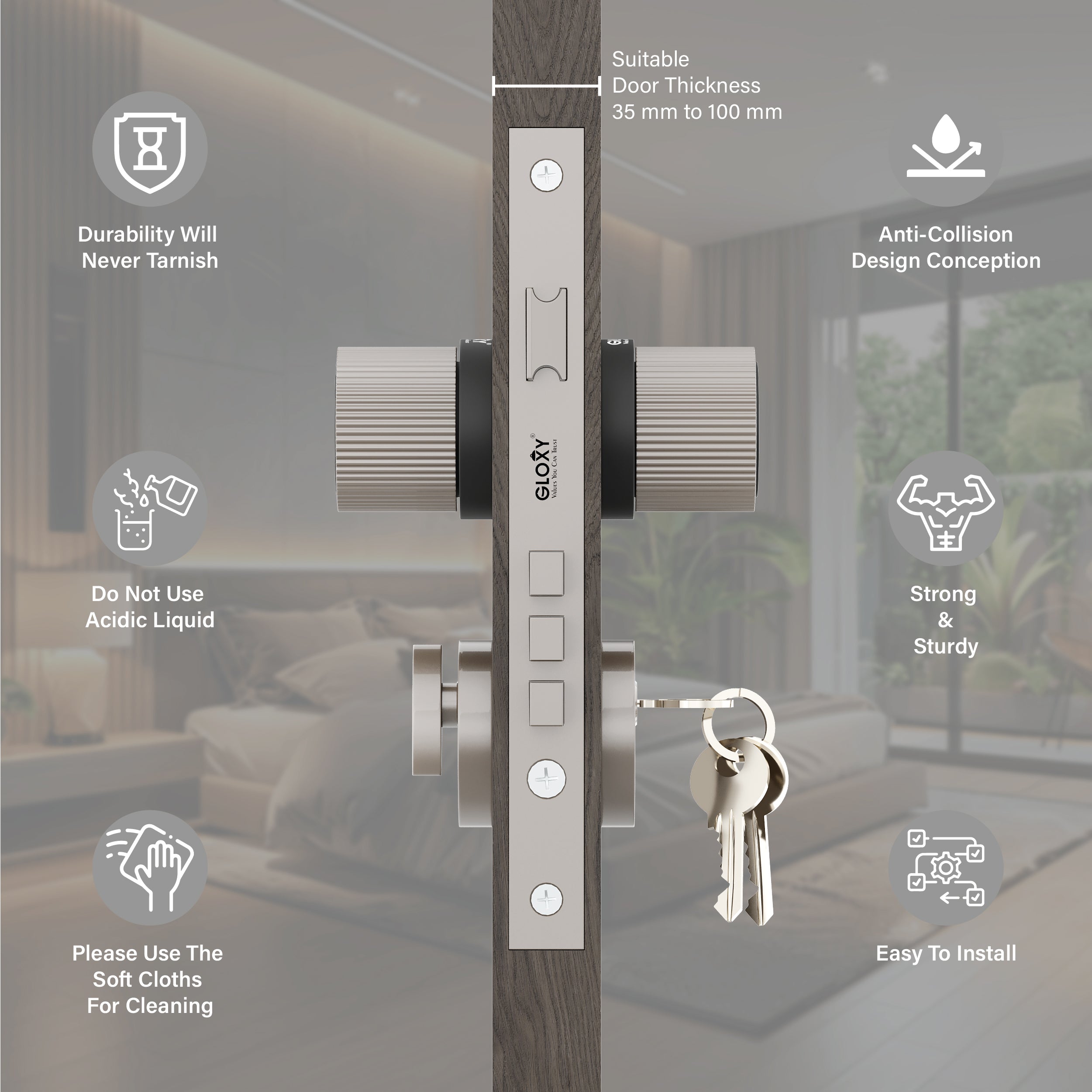 Mortise Door Handles Main Door Lock Handles Set with 3 Keys for Safety of Home | Bedroom, Office, Hotel, Home(Satin Chrome)-by GLOXY®