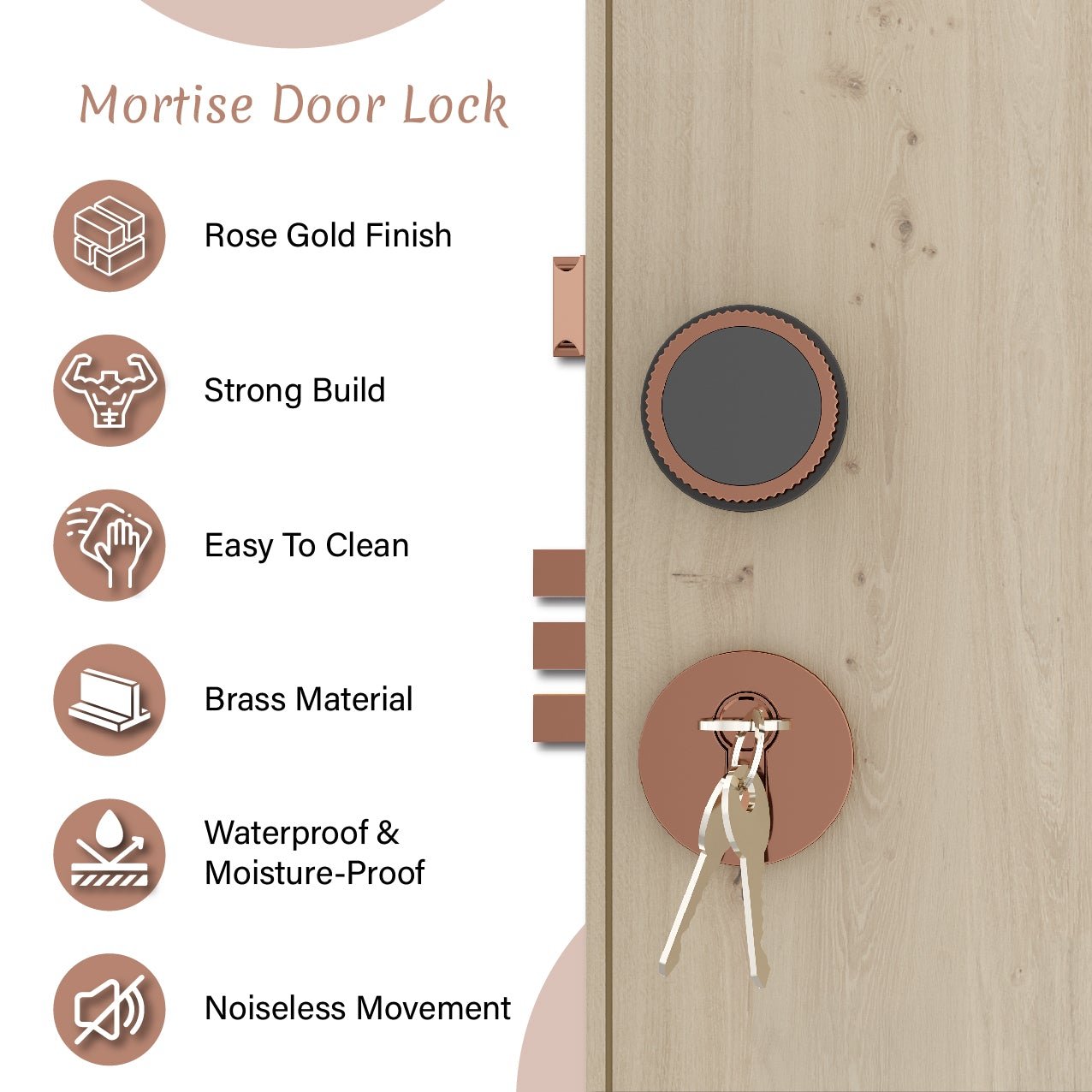 Mortise Door Handles Main Door Lock Handles Set with 3 Keys for Safety of Home | Bedroom, Office, Hotel, Home(Rose Gold)-by GLOXY®