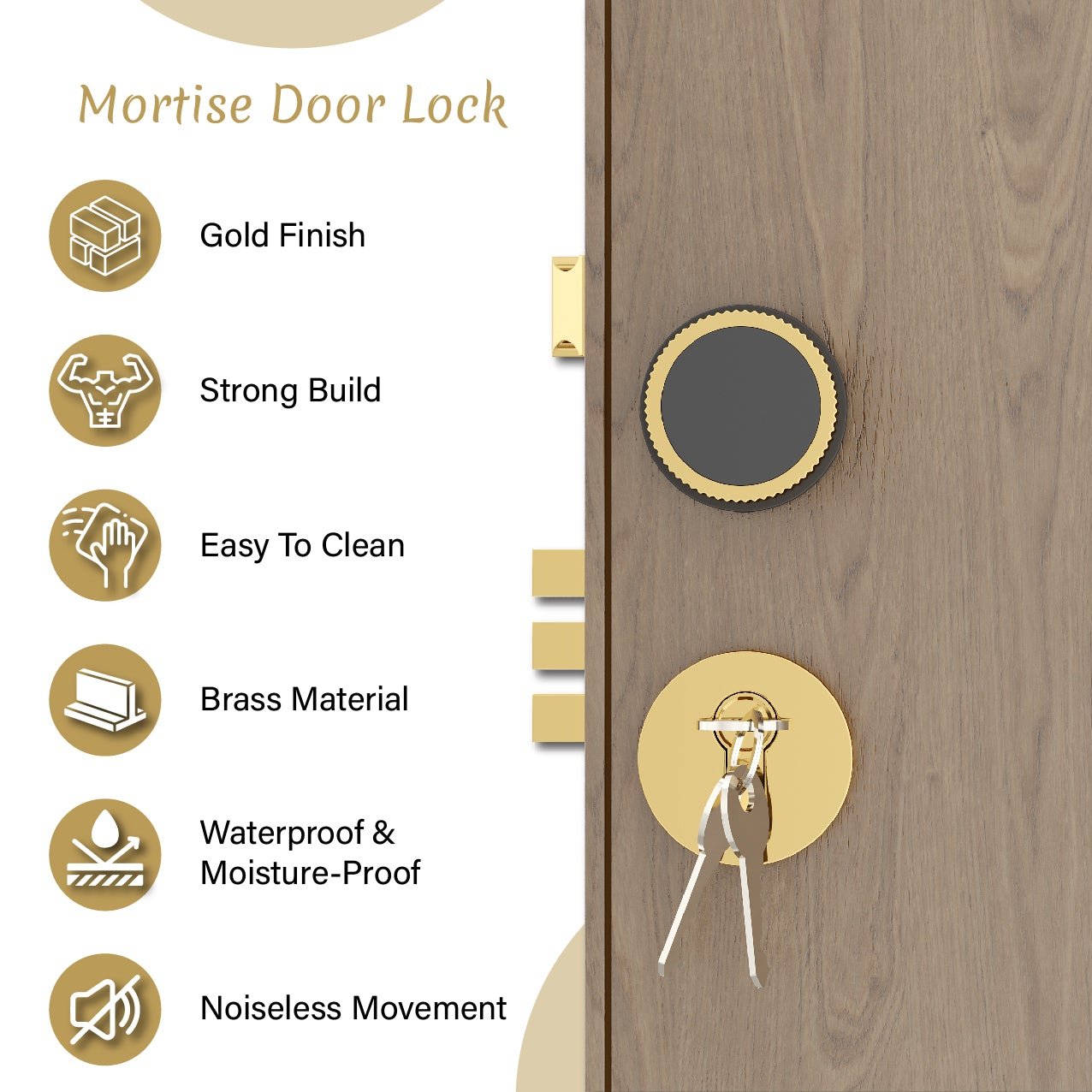 Mortise Door Handles Main Door Lock Handles Set with 3 Keys for Safety of Home | Bedroom, Office, Hotel, Home(Gold)-by GLOXY®