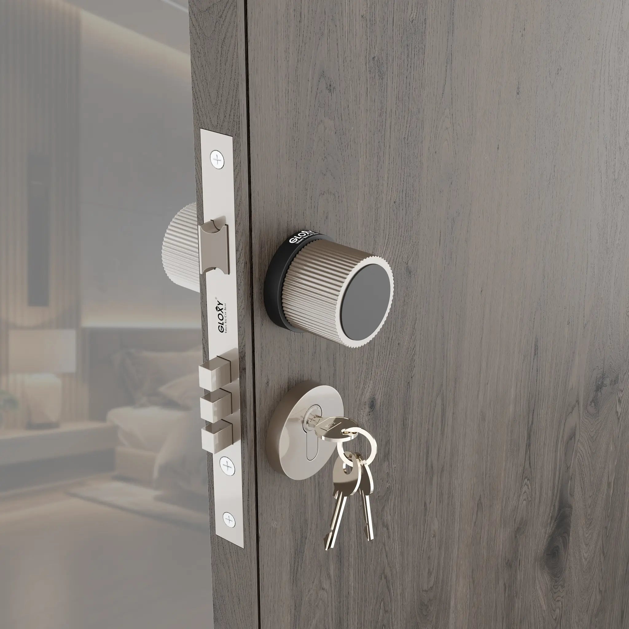 Gloxy Stylor Series Satin Chrome Finish Mortise Main Door Key Lock With Round Handle