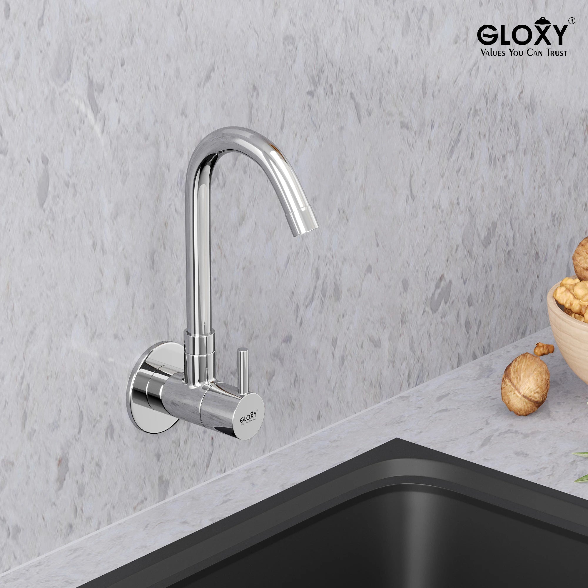 Chrome Finish Swivel Spout Wall Mount Brass Swan Long Neck Faucet Tap Cock for Kitchen, Sink, Wash Basin (Royal)-by GLOXY®