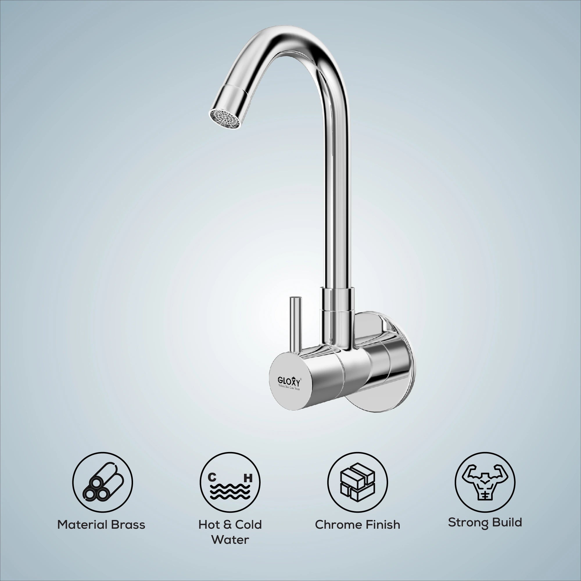 Chrome Finish Swivel Spout Wall Mount Brass Swan Long Neck Faucet Tap Cock for Kitchen, Sink, Wash Basin (Royal)-by GLOXY®
