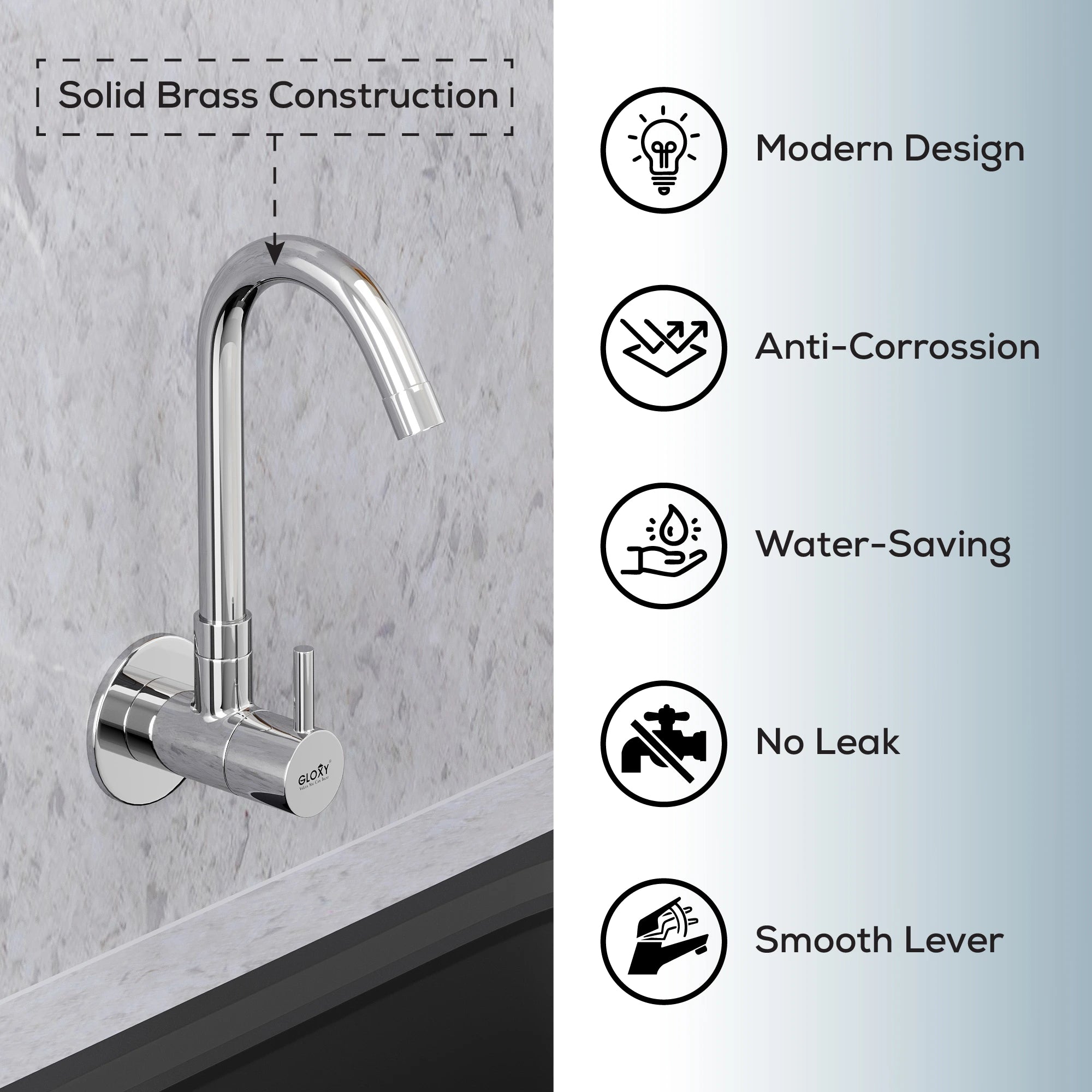 Chrome Finish Swivel Spout Wall Mount Brass Swan Long Neck Faucet Tap Cock for Kitchen, Sink, Wash Basin (Royal)-by GLOXY®