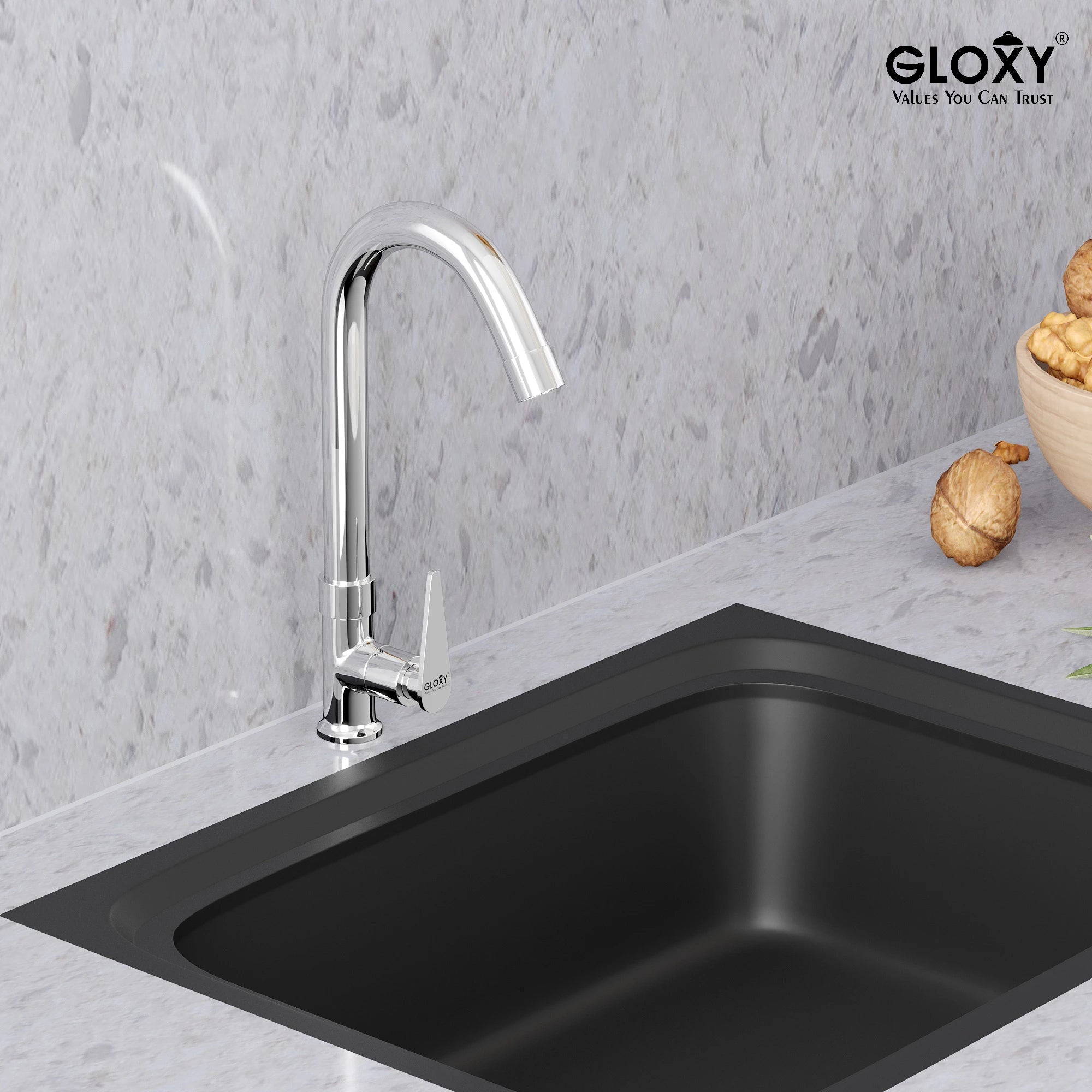 Chrome Finish 360 Degree Swivel Spout Deck Mount Swan Long Neck Single Lever Faucet Tap Cock for Kitchen, Sink, Wash Basin (Nano)-by GLOXY®