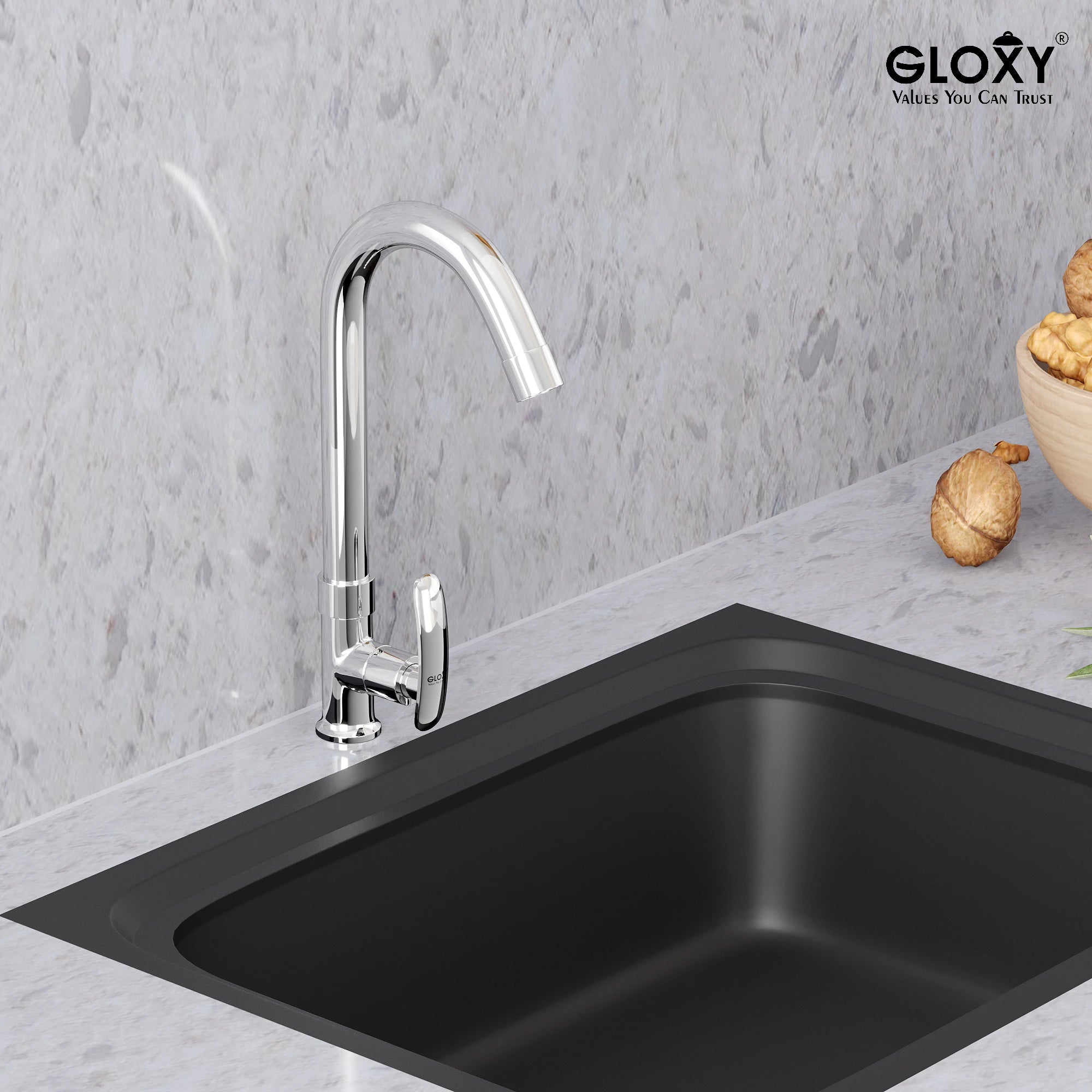 Chrome Finish Deck Mount Brass Swan Neck 360 Degree Swivel Pillar Tap Cock Faucet for Kitchen Sinks and Bathroom (Riva)-by GLOXY®