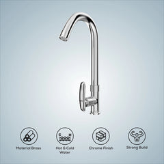 Chrome Finish Deck Mount Brass Swan Neck 360 Degree Swivel Pillar Tap Cock Faucet for Kitchen Sinks and Bathroom (Riva)-by GLOXY®