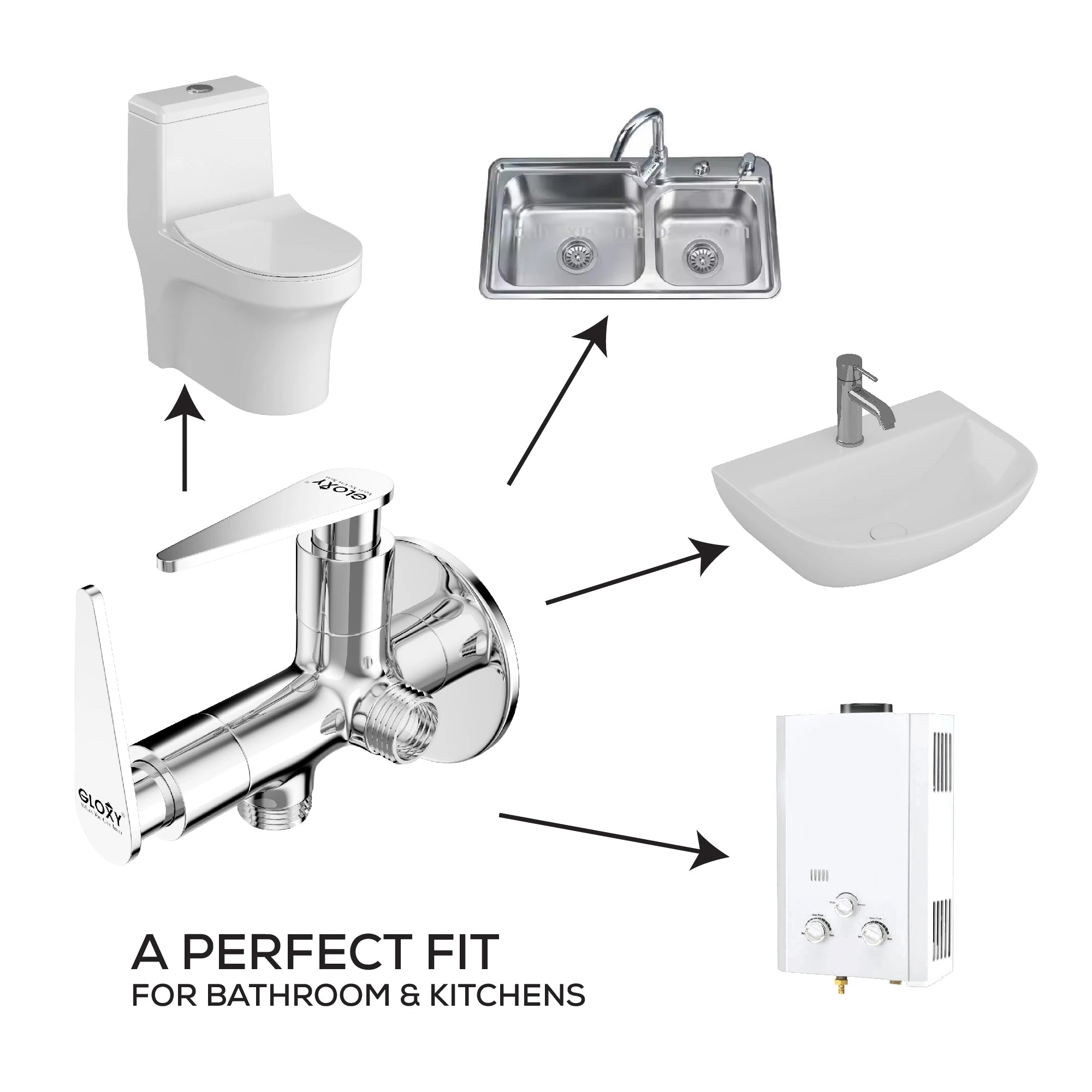 Chrome Finish Angle Valve Two Way Double Handle Faucet/Tap for Connecting Washing Machines, Hand Showers & Health Faucets (Nano)-by GLOXY®