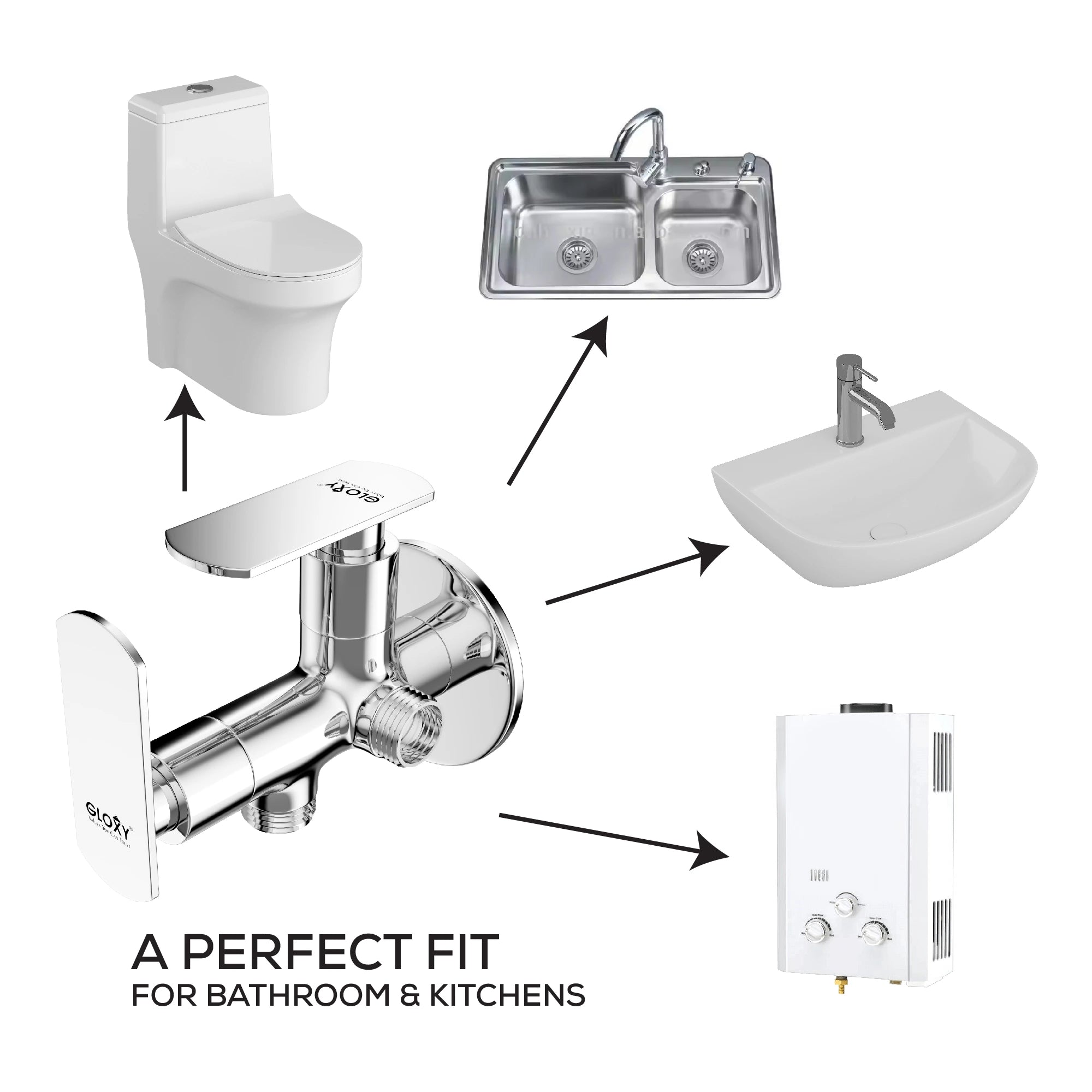 Chrome Finish Angle Valve Two Way Double Handle Faucet/Tap for Connecting Washing Machines | Dishwashers, Hand Showers & Health Faucets (Jet+)-by GLOXY®