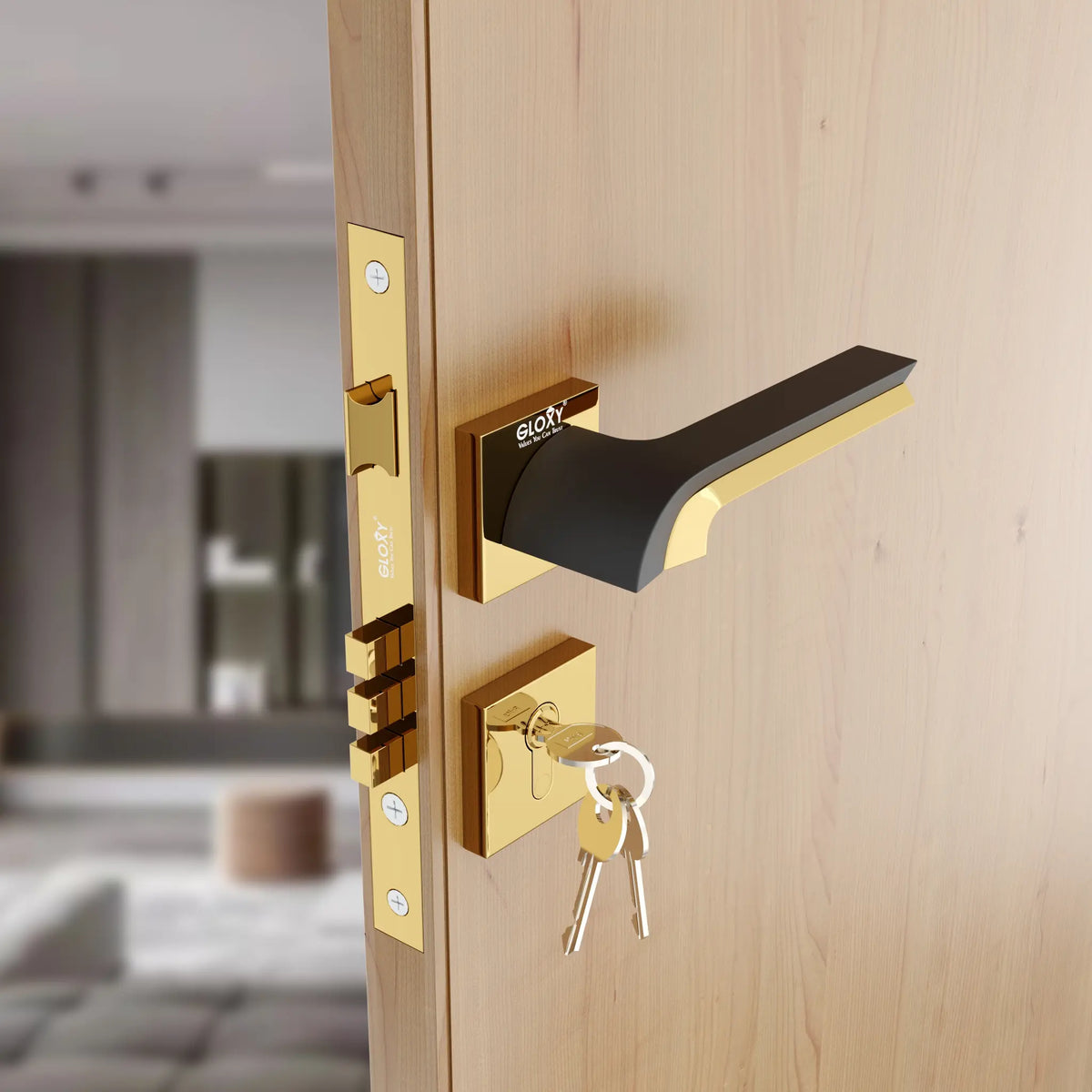 Mortise Door Handles Main Door Lock Handles Set with 3 Keys for Safety of Home | Bedroom, Office, Hotel, Home(Gold)-by GLOXY®