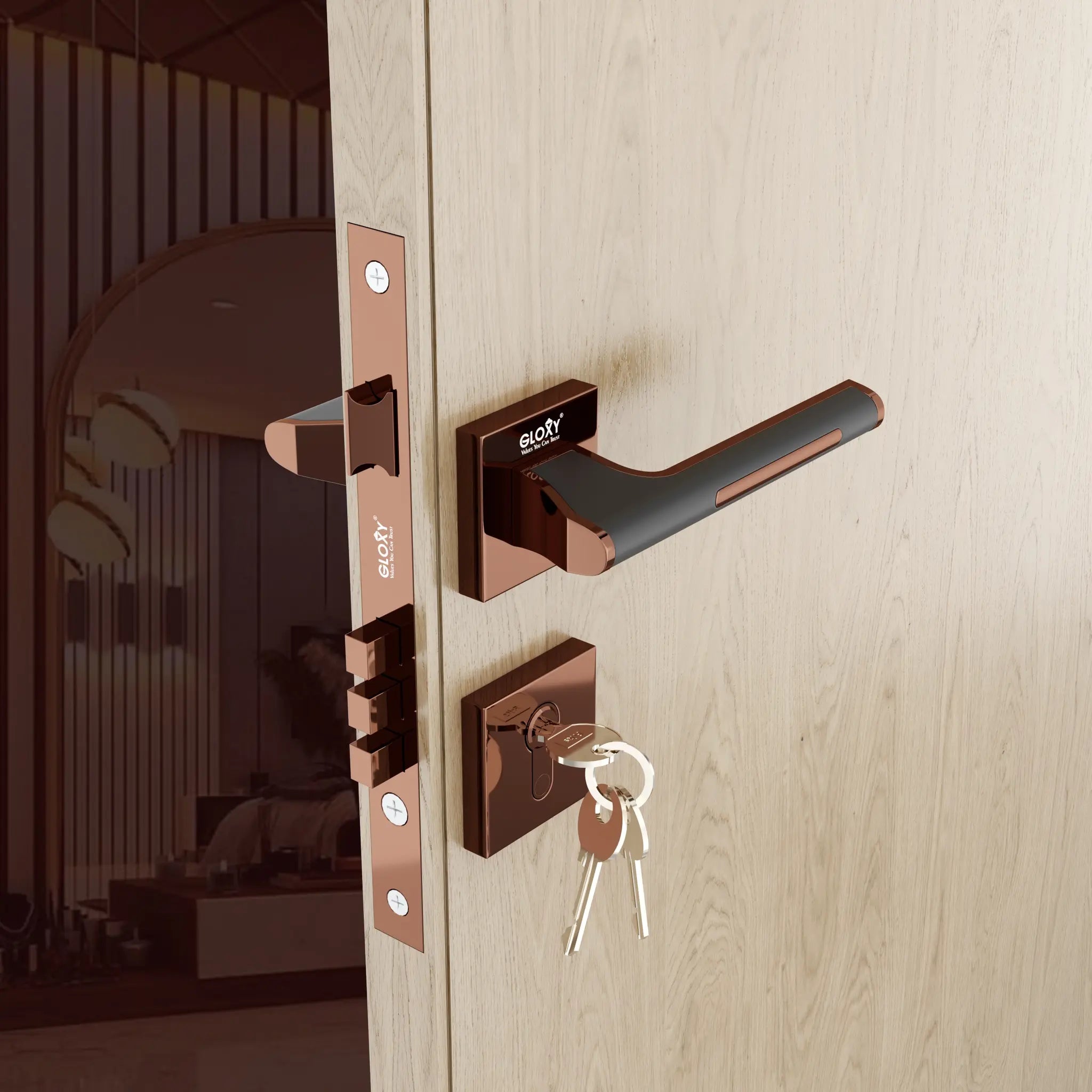 Gloxy Orbix Series Rose Gold Finish Mortise Main Door key Lock With Handle
