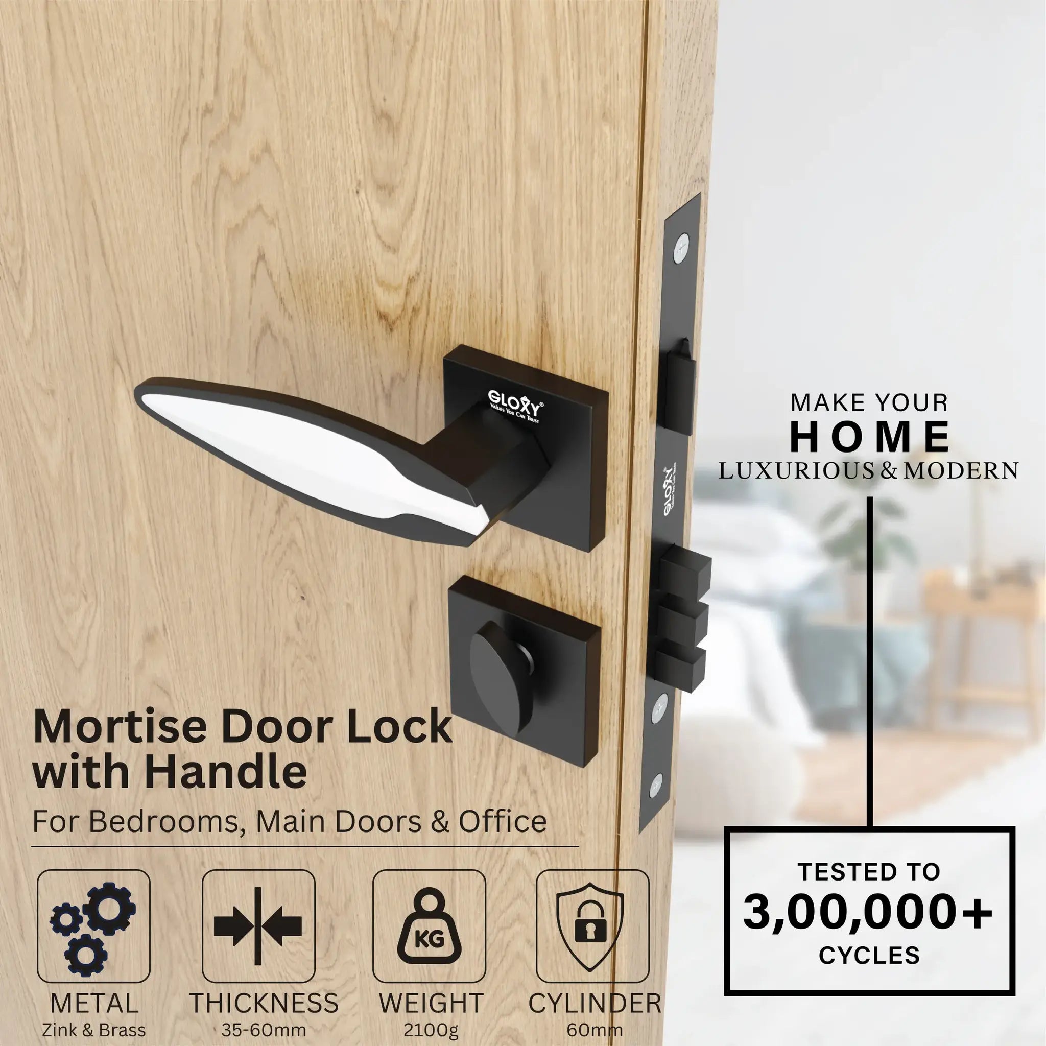 Gloxy Kavro Series Black Finish Mortise Main Door Key Lock With Handle