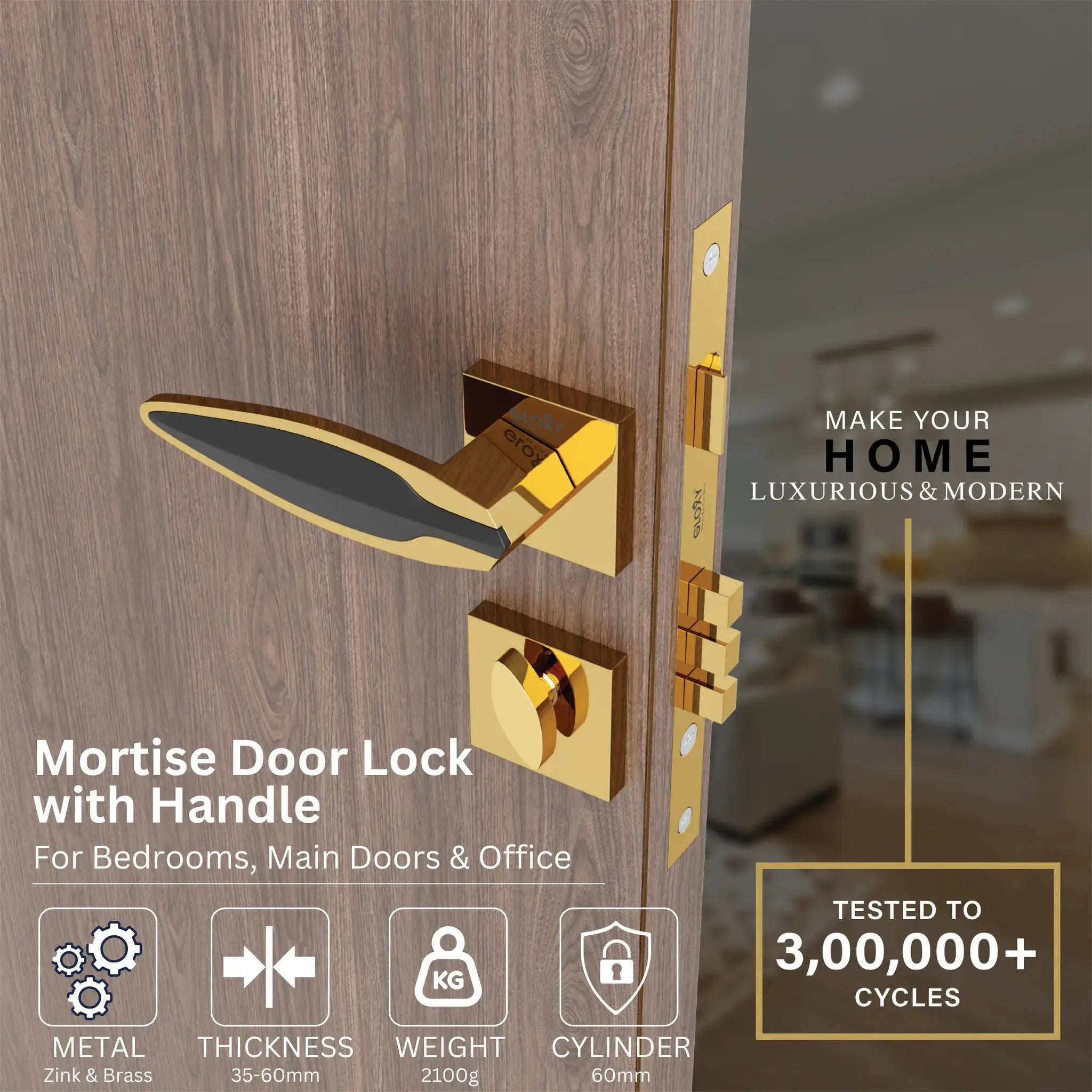Gloxy Kavro Series Gold Finish Mortise Main Door Key Lock With Handle