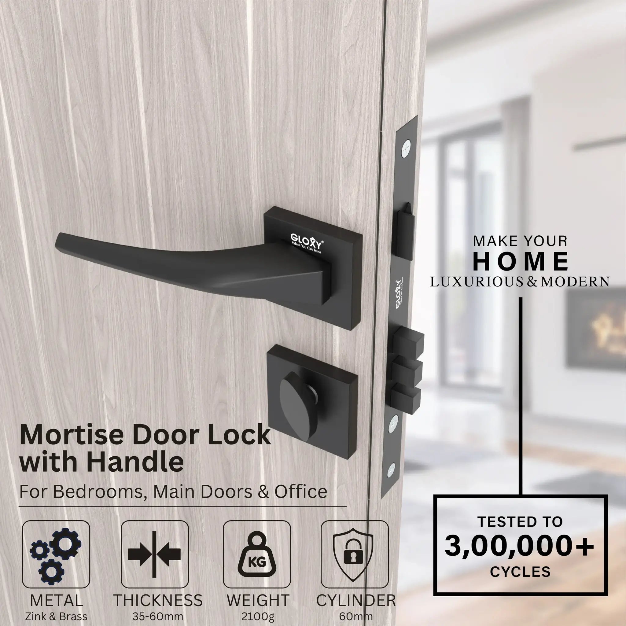 Door Lock Modern Fashion Interior Handle Simple Atmosphere Split Lock for Bedroom & Bathroom(Black) -by GLOXY®