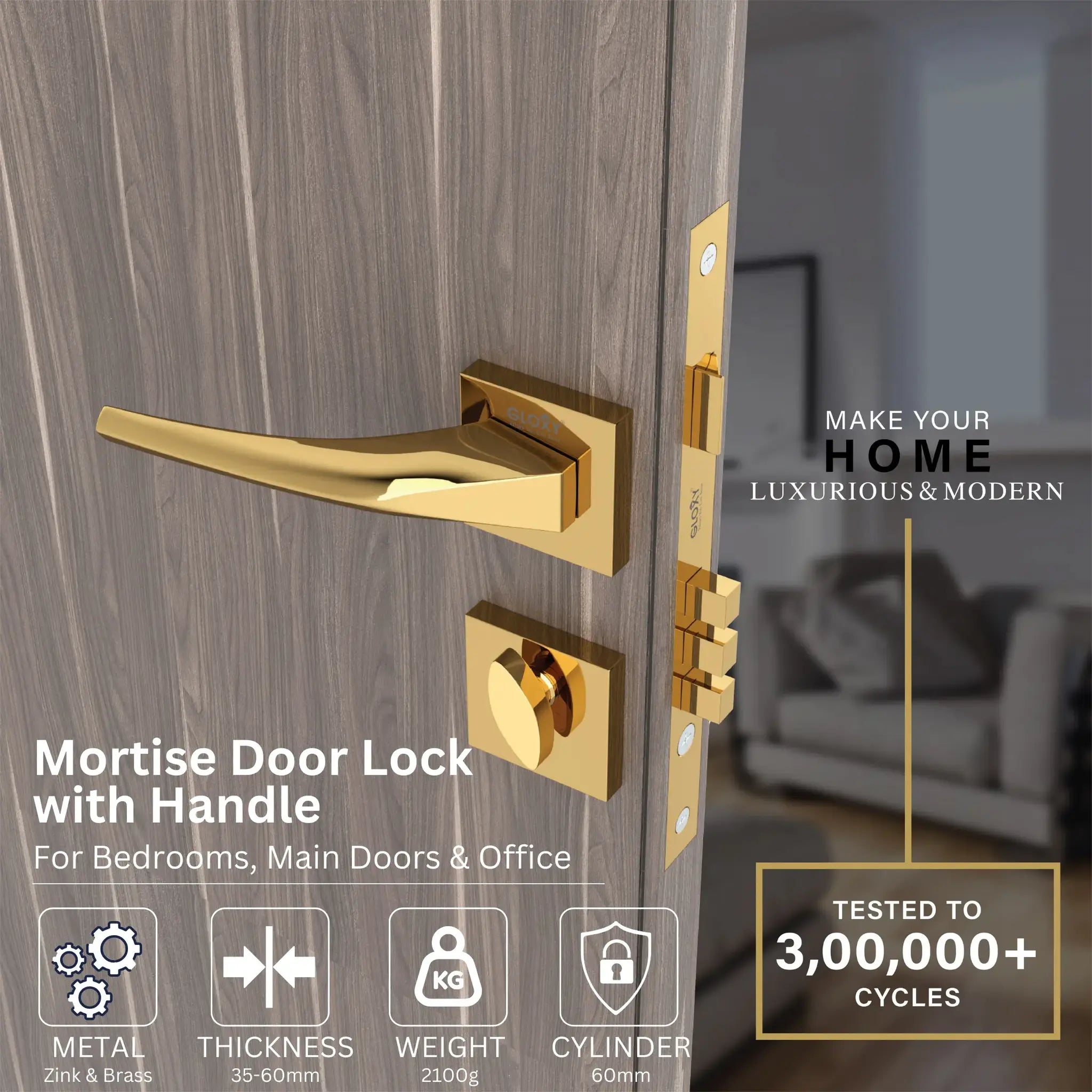 Door Lock Modern Fashion Interior Handle Simple Atmosphere Split Lock for Bedroom & Bathroom(Gold) -by GLOXY®