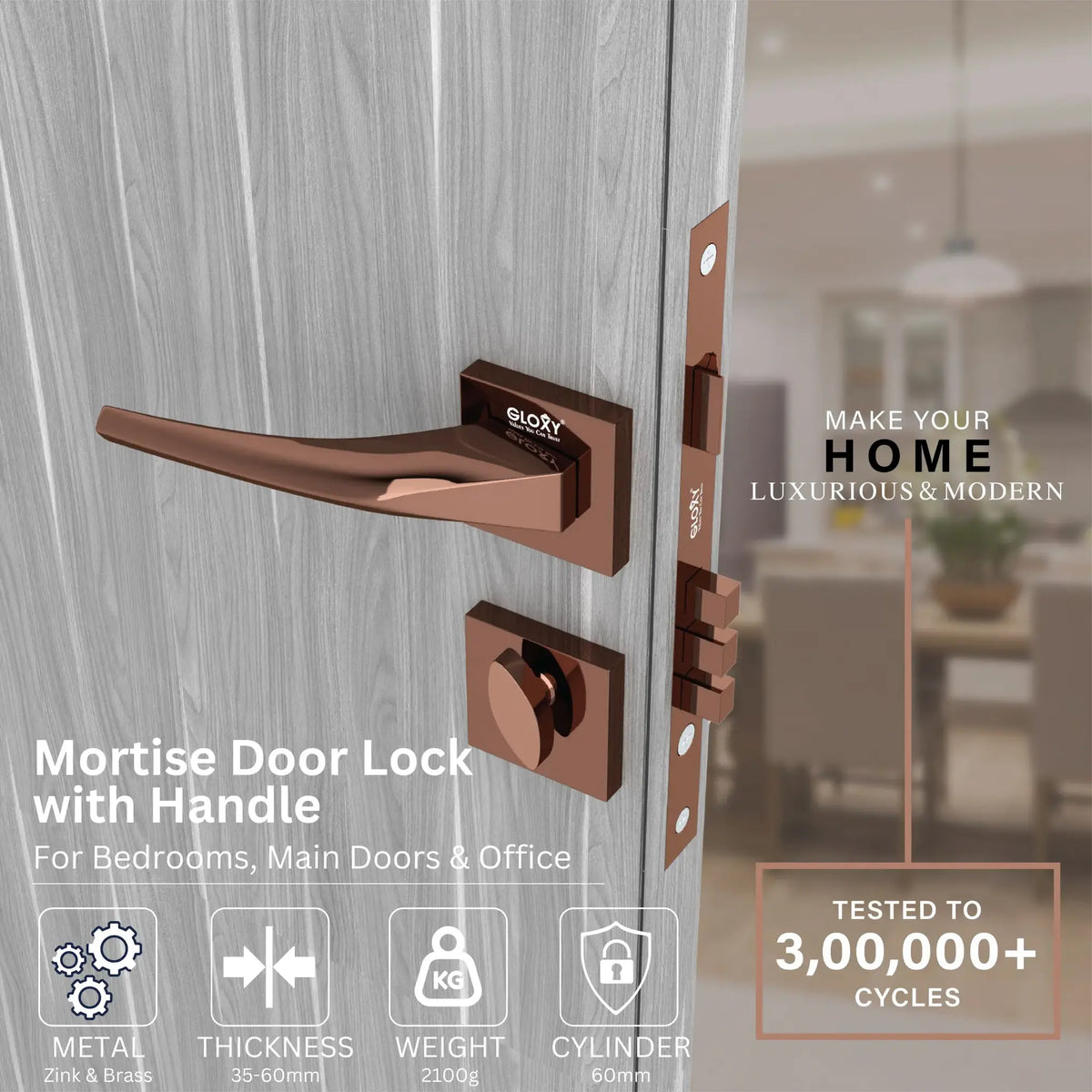 Rose Key Lock Rose Gold Mortise Main Door Lock with Key Secure Set – Gloxy