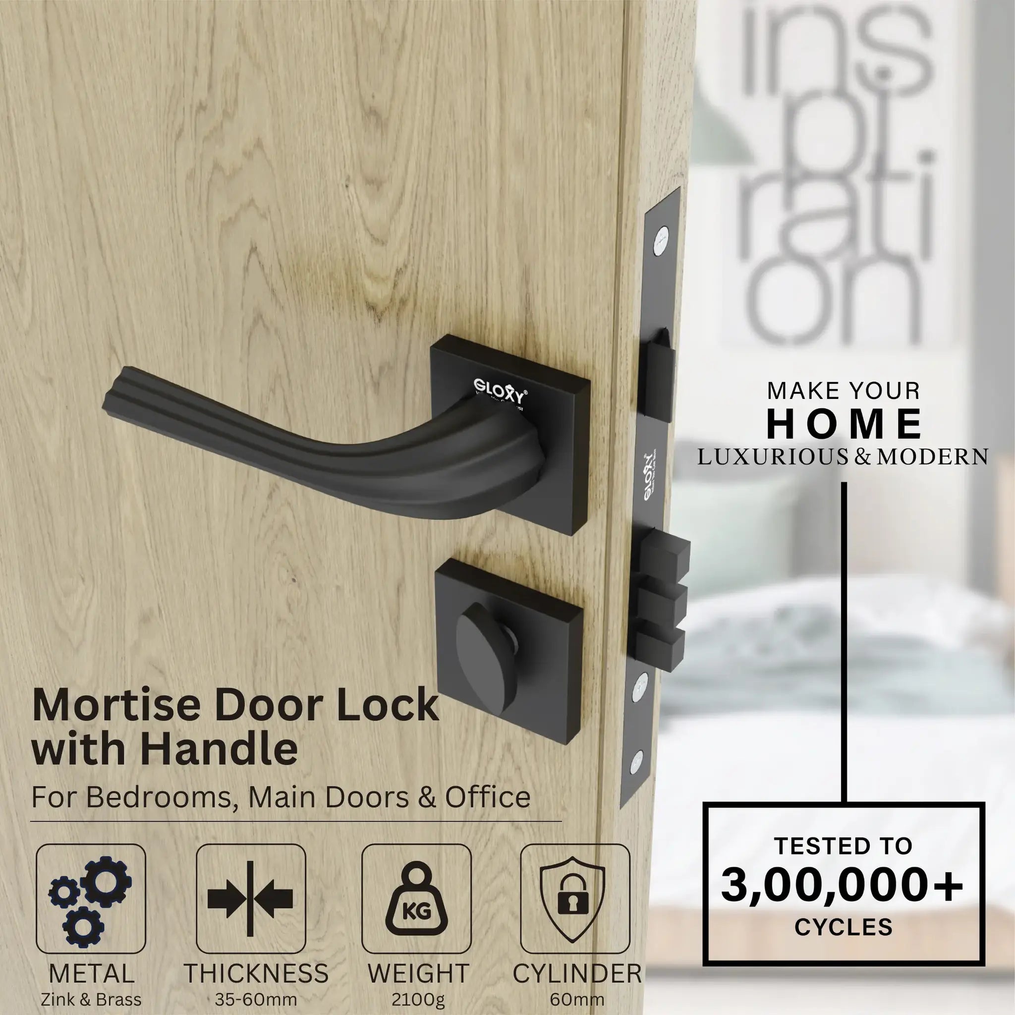 Style Mute Handle Lock Mortise Door Locks for Main Door Handle Set with Brass Lock Body Set(Black)-by GLOXY®
