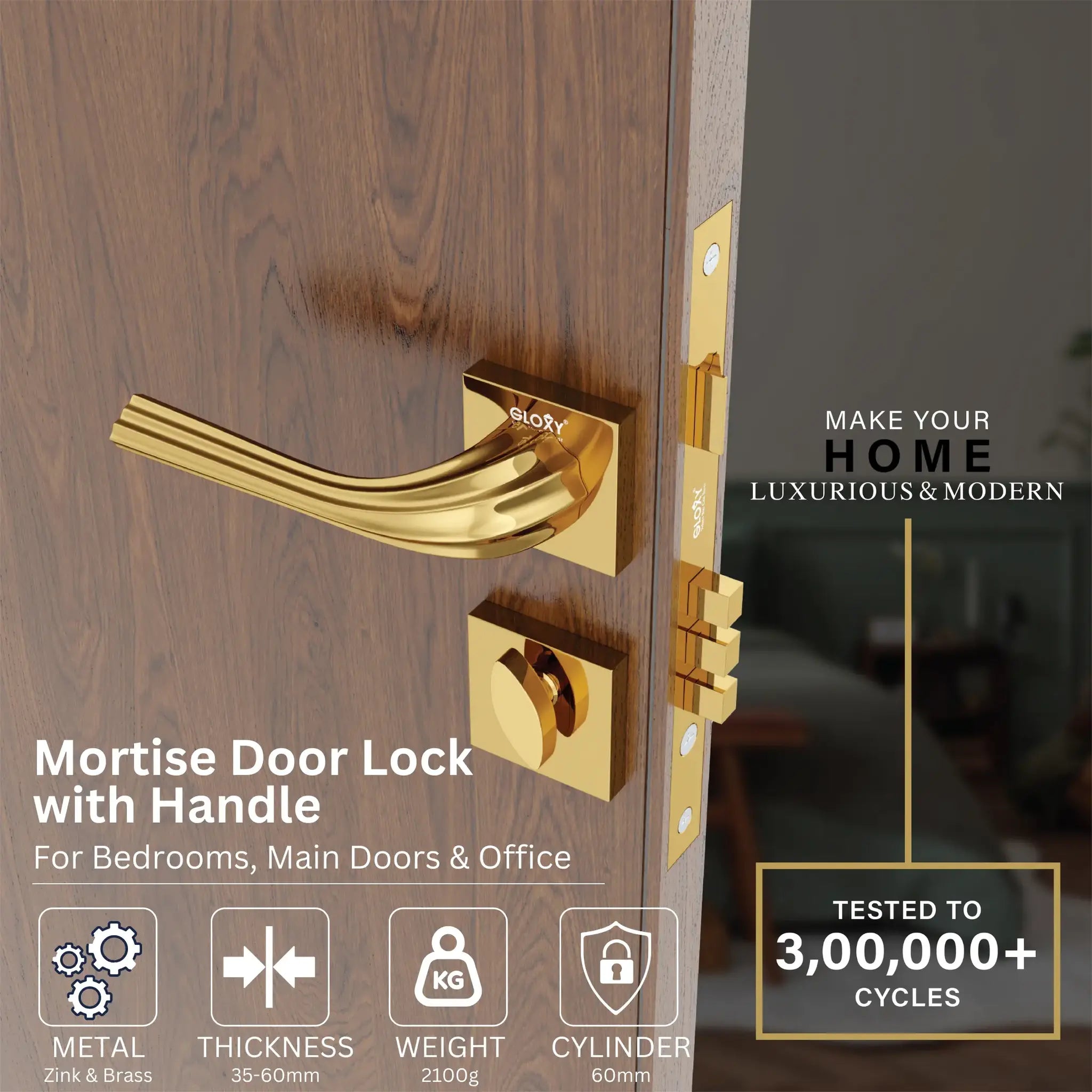 Style Mute Handle Lock Mortise Door Locks for Main Door Handle Set with Brass Lock Body Set(Gold)-by GLOXY®