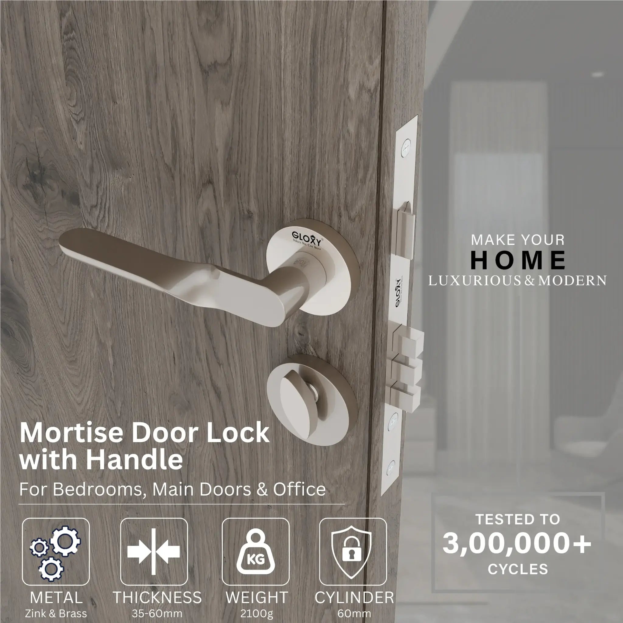 Mortise Door Handles Main Door Lock Handles Set with 3 Keys for Safety of Home | Bedroom, Office, Hotel, Home(Satin Chrome)-by GLOXY®