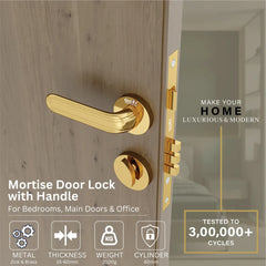 Mortise Door Handles Main Door Lock Handles Set with 3 Keys for Safety of H0ome | Bedroom, Office, Hotel, Home(Gold)-by GLOXY®