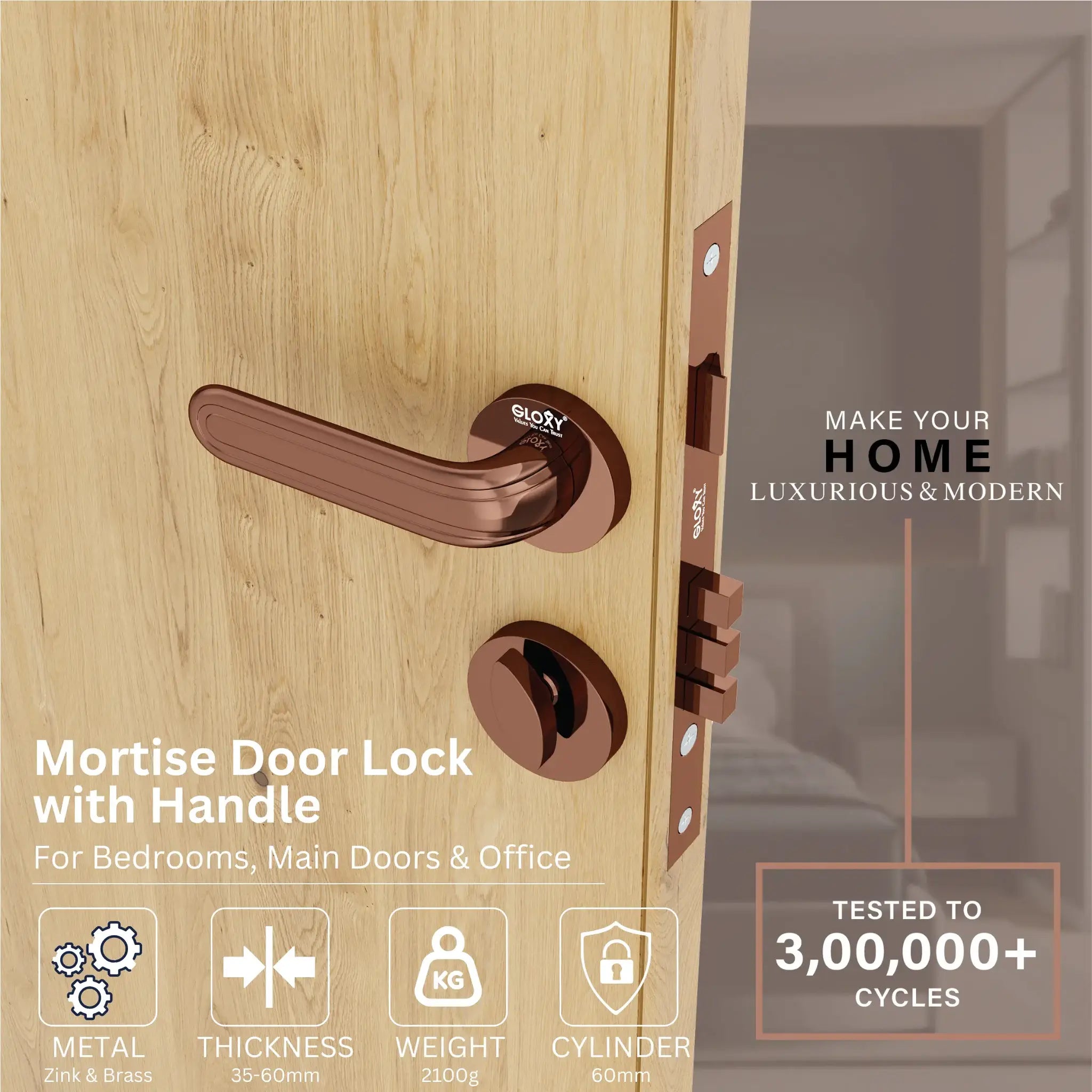 Mortise Door Handles Main Door Lock Handles Set with 3 Keys for Safety of Home | Bedroom, Office, Hotel, Home(Rose Gold)-by GLOXY®